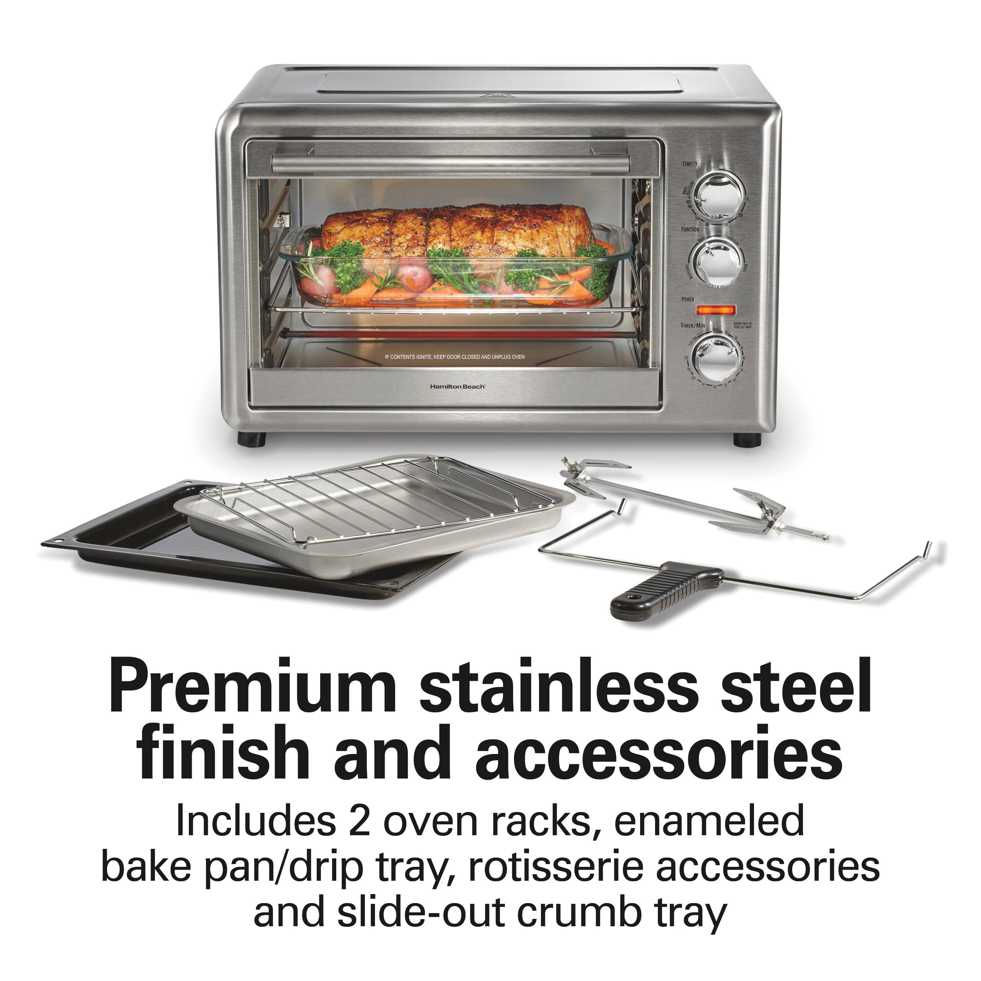 Premium stainless steel finish and accessories
Includes 2 oven racks, enameled bake pan/drip tray, rotisserie accessories and slide-out crumb tray