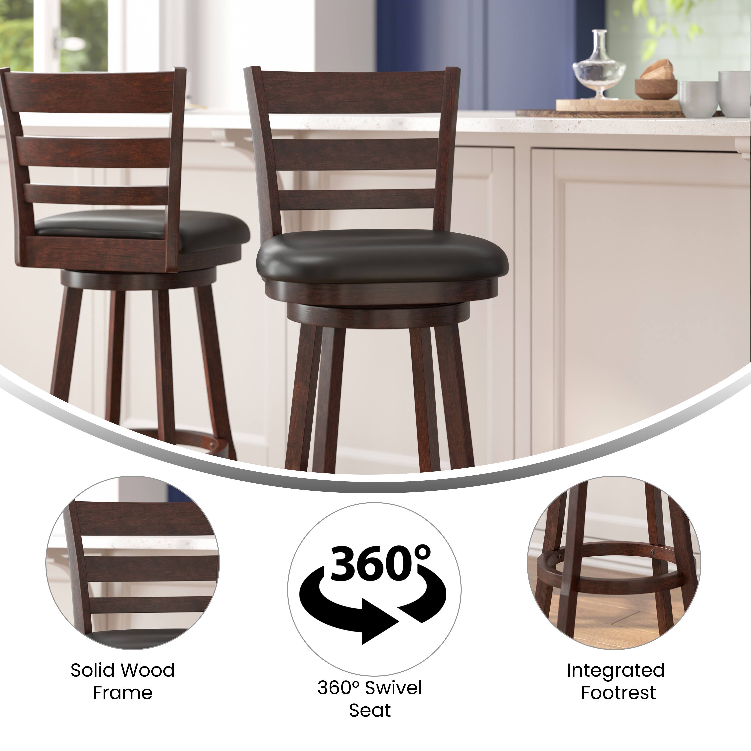 360° Swivel Seat  
Solid Wood Frame  
Integrated Footrest