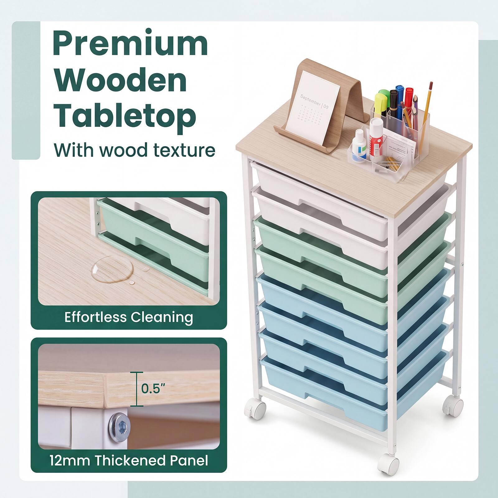 Premium Wooden Tabletop  
With wood texture  

September 09  

Effortless Cleaning  

0.5"  

12mm Thickened Panel