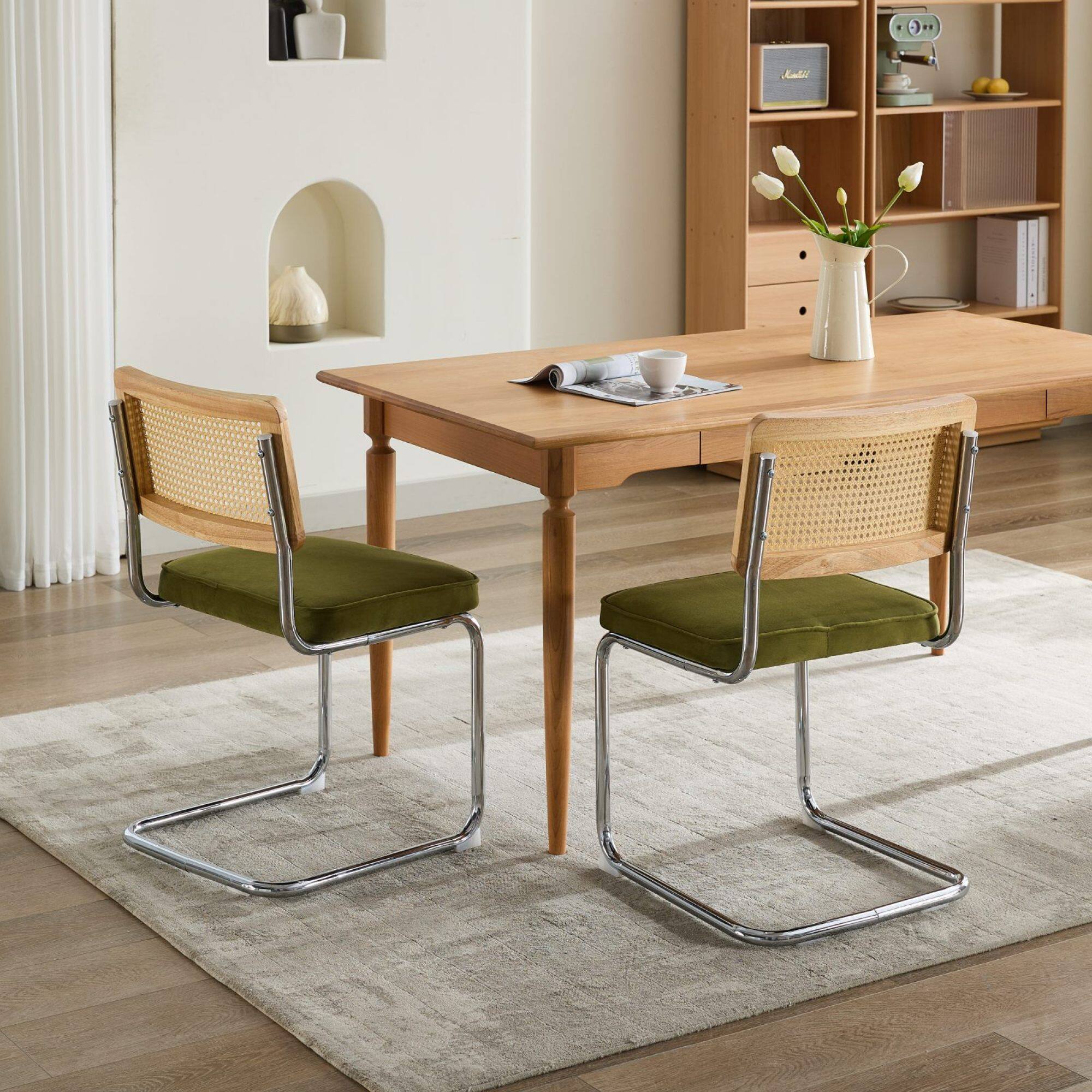 Alt View 9. GOODSILO - Mid Century Modern Dining Chairs Set of Two with Velvet Upholstery and Cane Back - Olive Green.