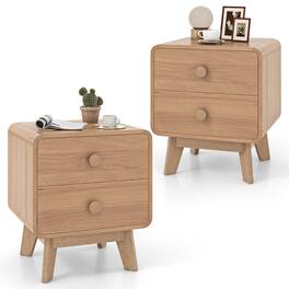 Costway - Modern Style 2-Drawer Nightstand Bedside Table with Solid Rubber Wood Legs - Brown