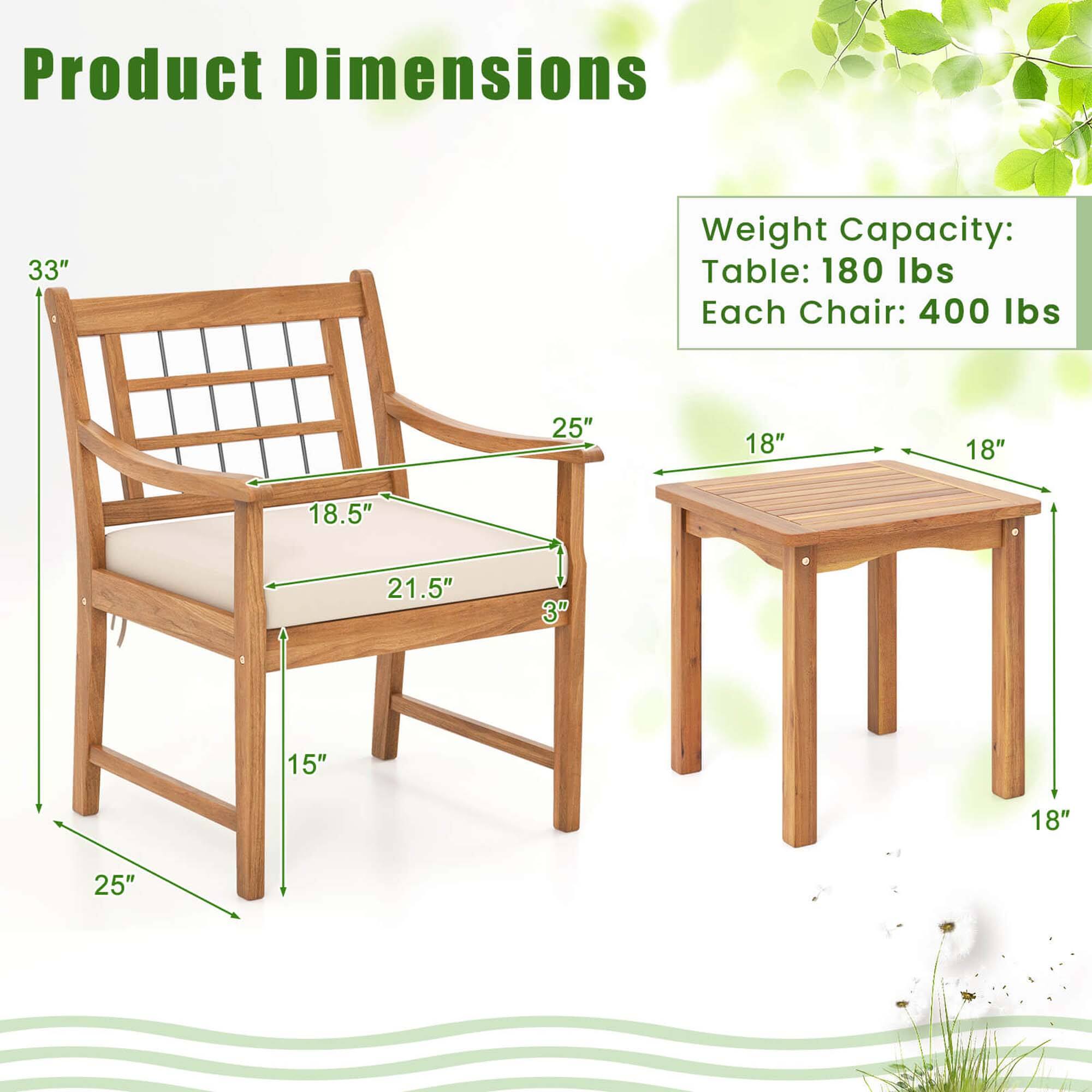 Product Dimensions:

* Weight Capacity: Table: 180 lbs
* Each Chair: 400 lbs
* 25" 18" 18" 18.5" 21.5" 3" 15" 18" 25"