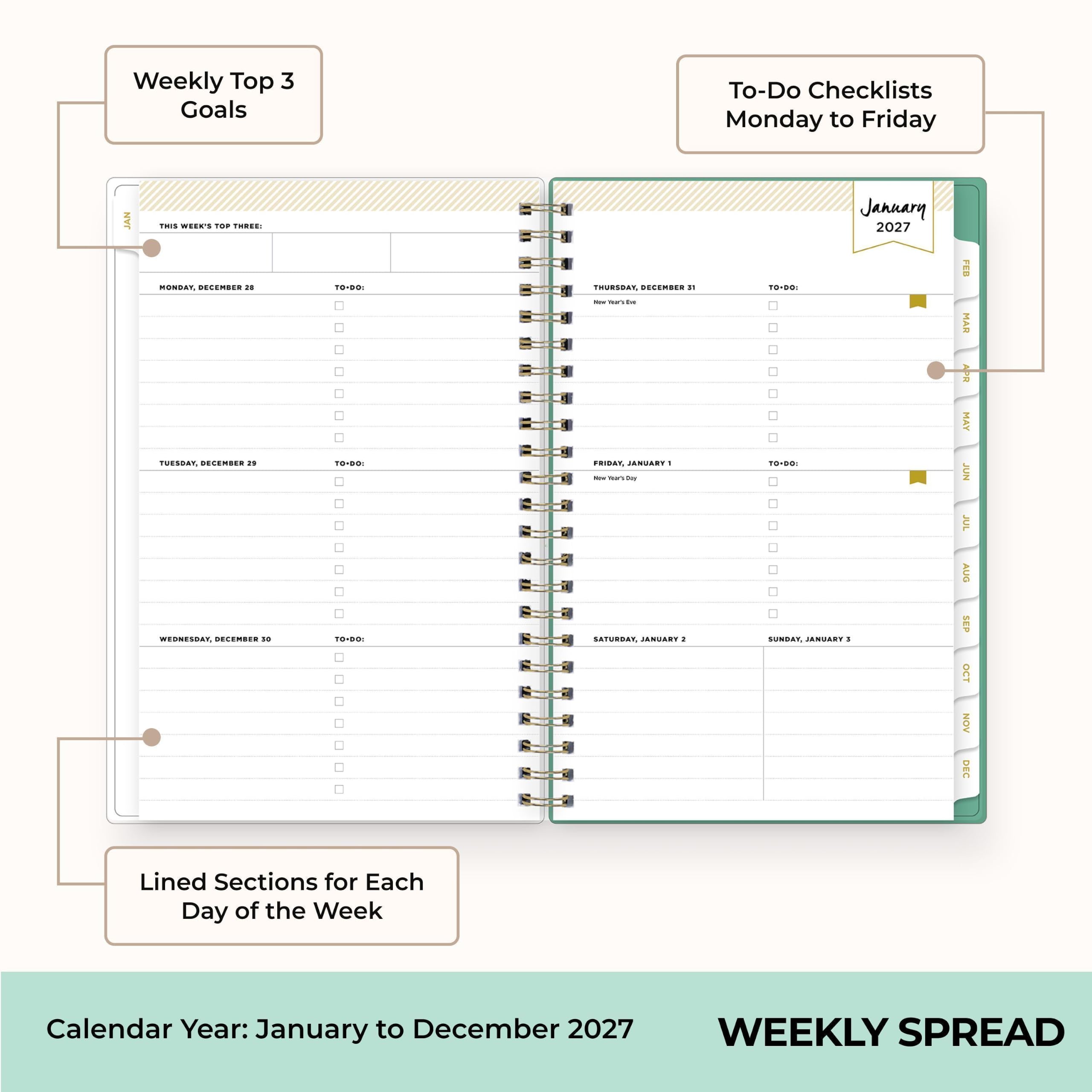 Weekly Top 3 Goals

To-Do Checklists Monday to Friday

THIS WEEK'S TOP THREE:
January 2027

MONDAY, DECEMBER 28
TO-DO:

TUESDAY, DECEMBER 29
TO-DO:

WEDNESDAY, DECEMBER 30
TO-DO:

THURSDAY, DECEMBER 31
TO-DO:

FRIDAY, JANUARY 1
TO-DO:

SATURDAY, JANUARY 1

SUNDAY, JANUARY 1

Lined Sections for Each Day of the Week

Calendar Year: January to December 2027

WEEKLY SPREAD