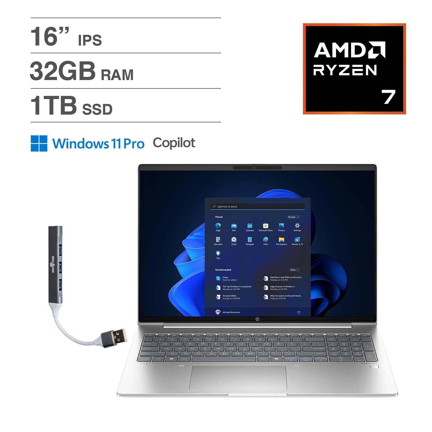 HP - Elitebook 665 G11 Laptop 16.0 WUXGA (AMD Ryzen 7 7735U, 32GB DDR5, 1TB PCIe SSD, AMD Radeon, Win 11 Pro) w/USB Hub - Silver