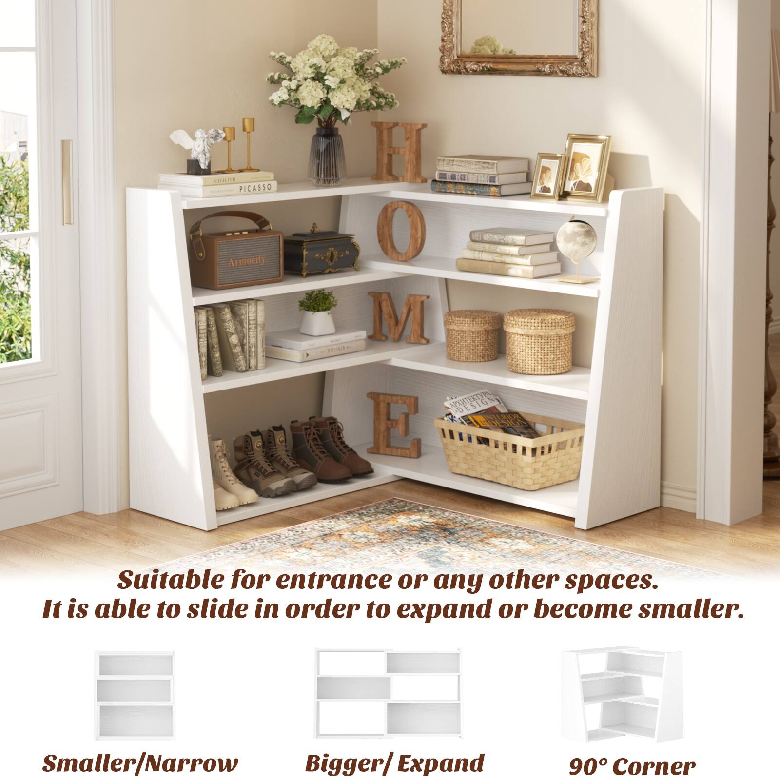 1 SHIPE - PICASSO  
Armocity N H : M HOM 0 moN DESIGN E  

A Suitable for entrance or any other spaces. It is able to slide in order to expand or become smaller.  
Smaller/Narrow  
Bigger/ Expand  
90° Corner  

Suitable for entrance or any other spaces.  
It is able to slide in order to expand or become smaller.  
Smaller/Narrow  
Bigger/ Expand  
90° Corner