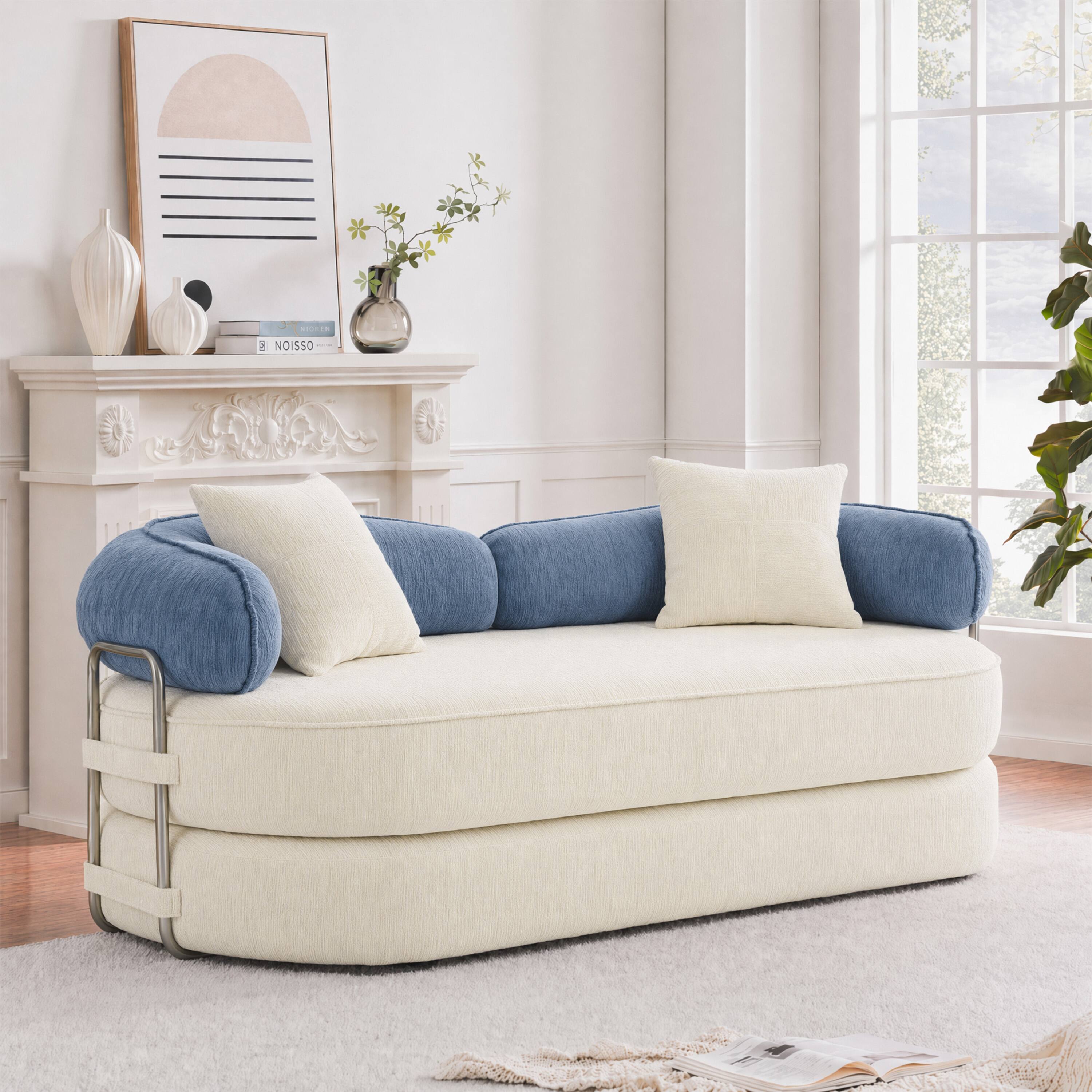 Alt View 6. Vipbear - Curved Loveseat with 4 Pillows, Modern Boneless Couch, Convertible Sleeper Sofa Bed - white/blue.