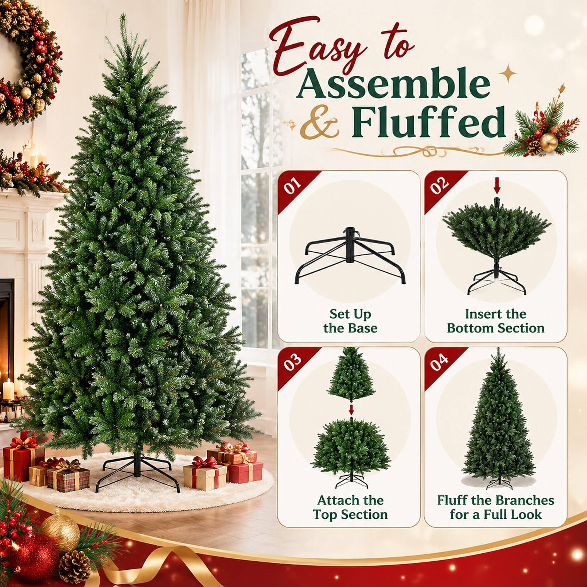 Easy to Assemble & Fluffed

01 Set Up the Base
02 Insert the Bottom Section
03 Attach the Top Section
04 Fluff the Branches for a Full Look