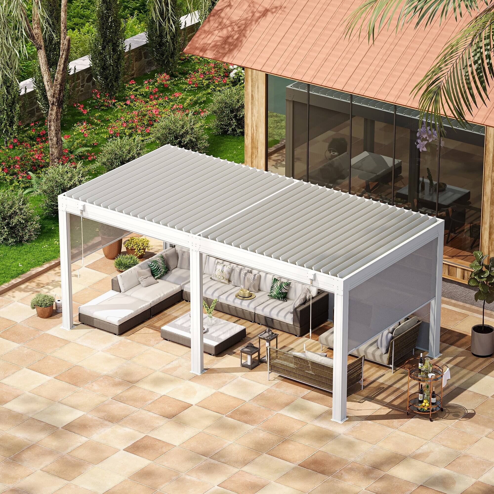 Back. U-HOMY - 10'x20' Outdoor Louvered Pergola - Features Adjustable Aluminum Roof & Drop-Down Curtains - White.