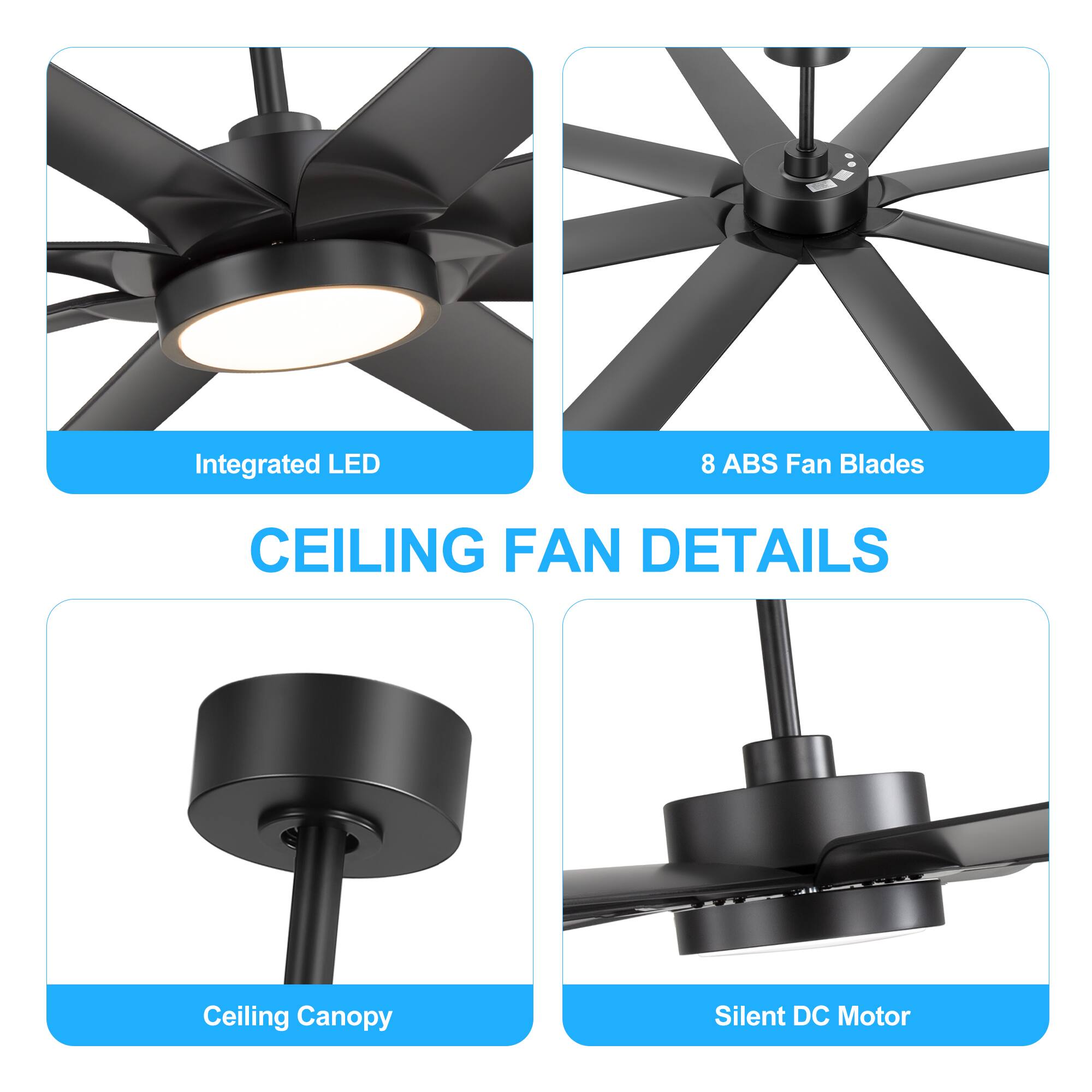 Integrated LED, 8 ABS Fan Blades, Ceiling Canopy, Silent DC Motor
