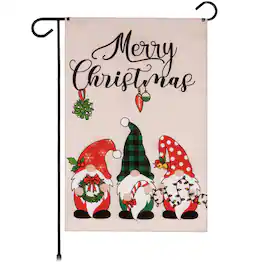 G128 - Garden Flag Merry Christmas Three Festive Gnomes 12 x 18 Burlap Fabric - Assorted Colors