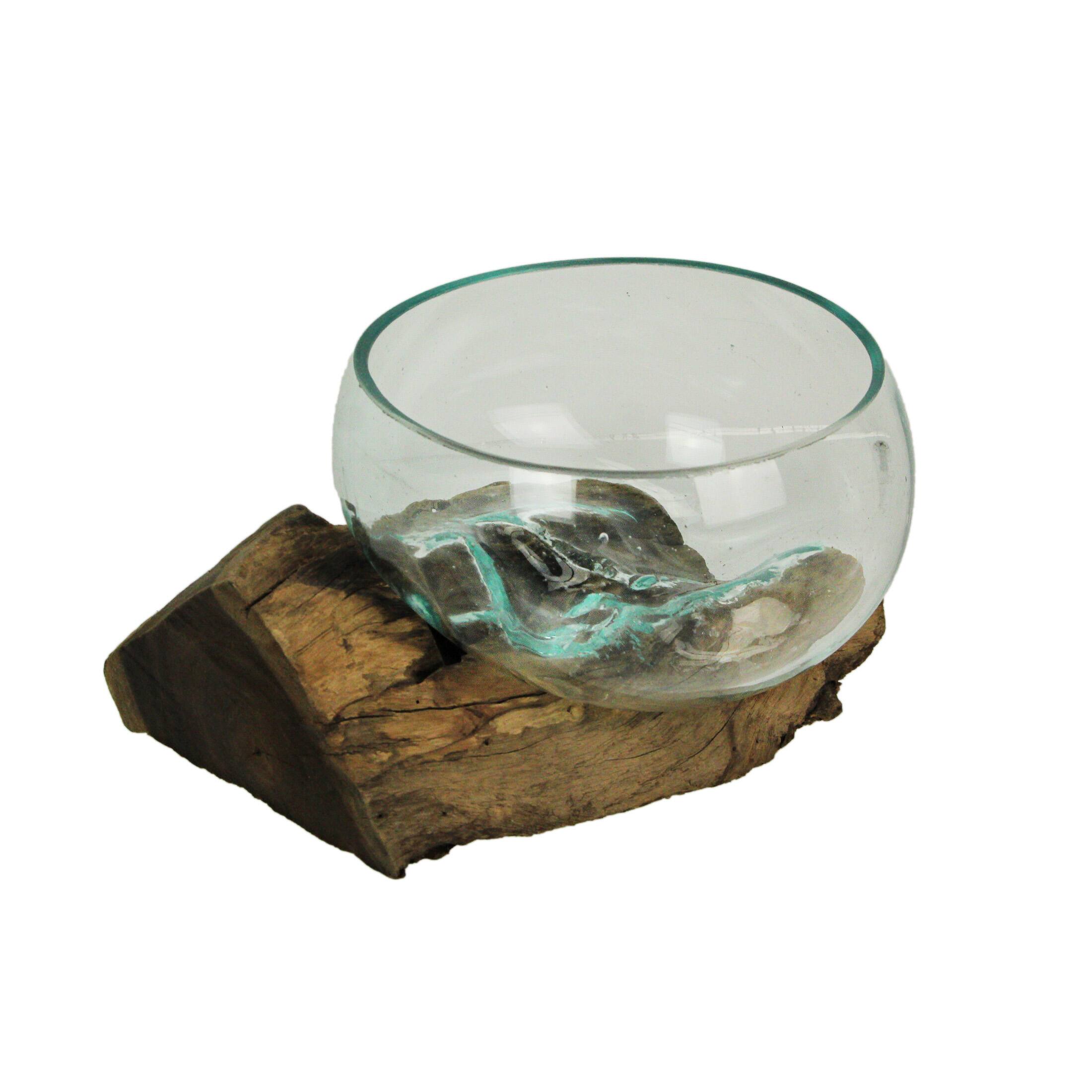 Alt View 1. Chesapeake Bay - Molten Glass on Teak Driftwood Sculptural Bowl, Vase, Terrarium - Brown.