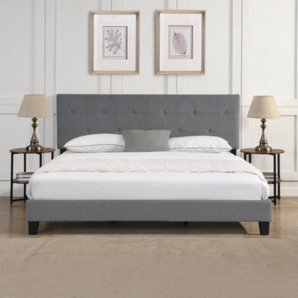 Angle. LUCKY ONE - King Size Upholstered Platform Bed Frame with Button Tufted Linen Headboard, Wood Slat Support, No Box Spring Needed - Grey.