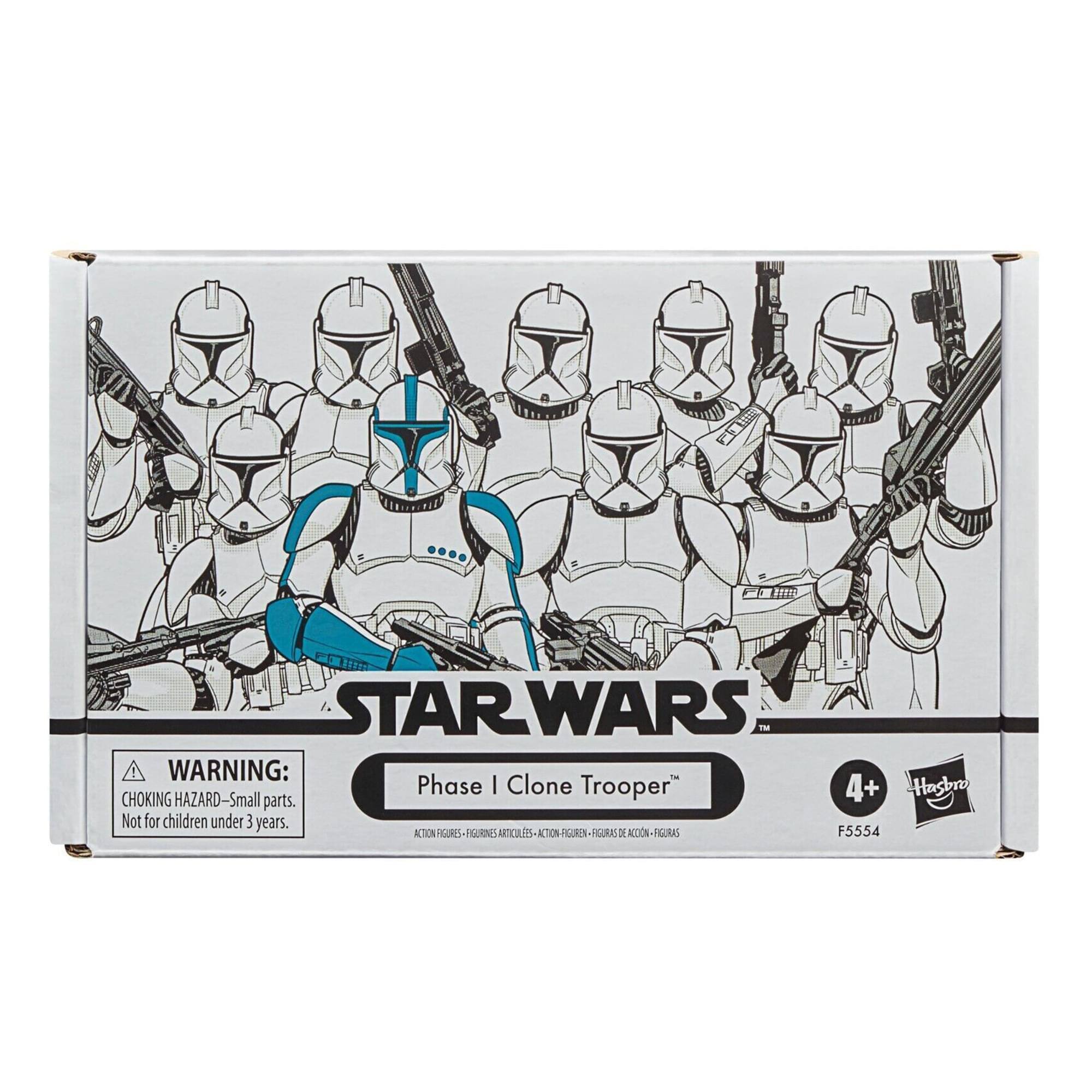 STAR WARS - WARNING: Phase I Clone Trooper  
CHOKING HAZARD - Small parts. Not for children under 3 years.  
ACTION FIGURES - FIGURNIS ARTICULIS - ACTON GUREN - FIGURAS ACCION - FIGURAS DE ACCION  
4+  
Hasbro F5554