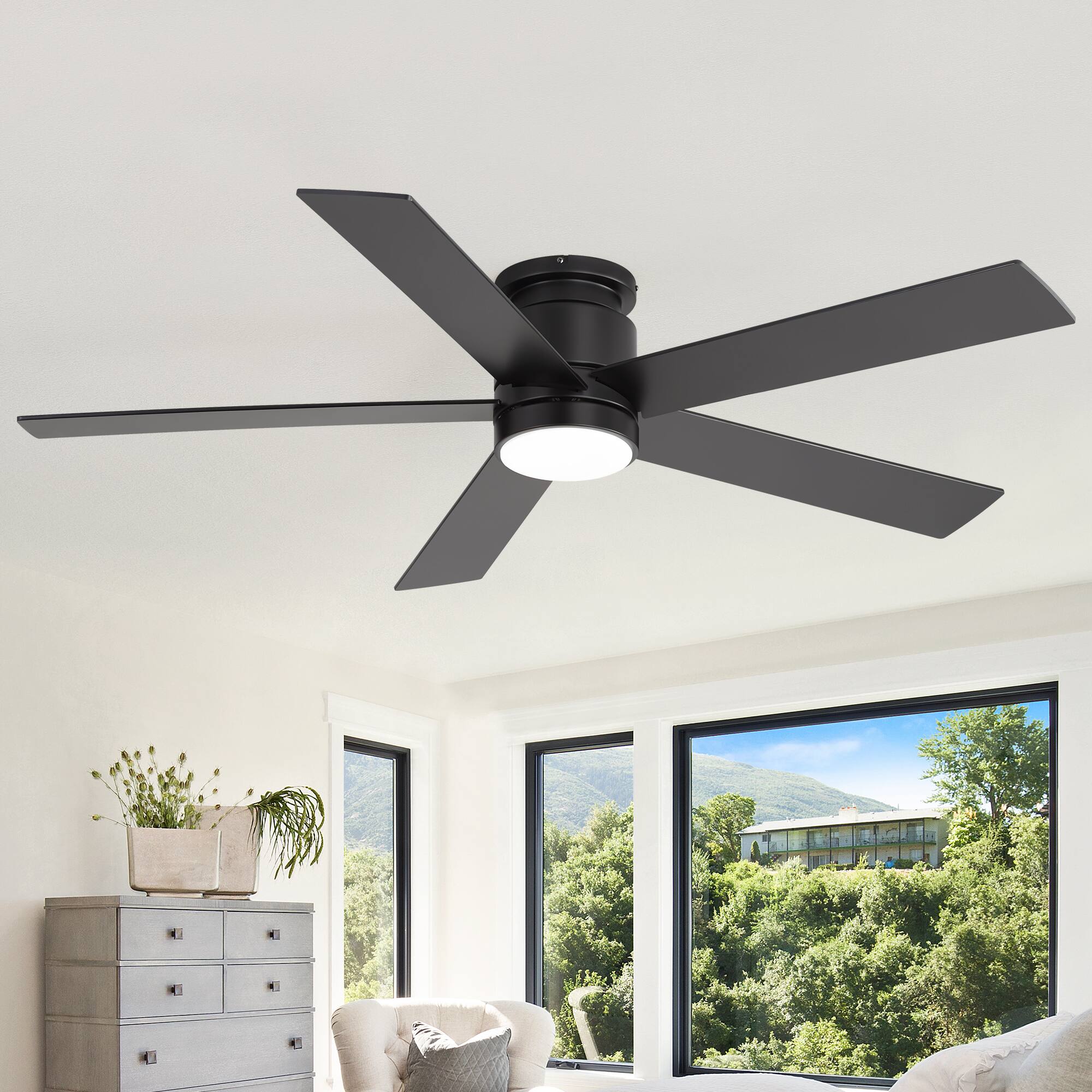 Left. Breezary - 42"/52" Flush Mount Low Profile Ceiling Fan with LED Light, 5 Blades, DC Motor, Remote Control and Timer, for Indoor Use - Black-52 in.