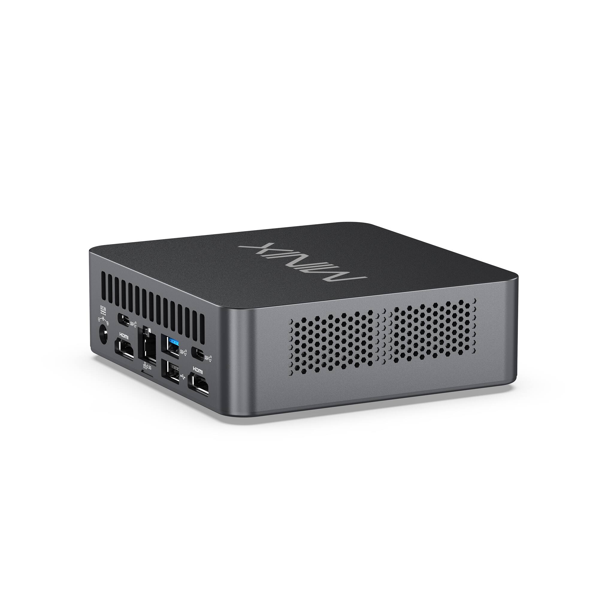 Left. MINIX - NUC300 Mini PC Desktop, Intel Core 3 N300, 16GB DDR5 RAM, 512GB PCIe SSD, Intel UHD Graphics, Wi-Fi 6, Dual HDMI 4K@60Hz - Black.