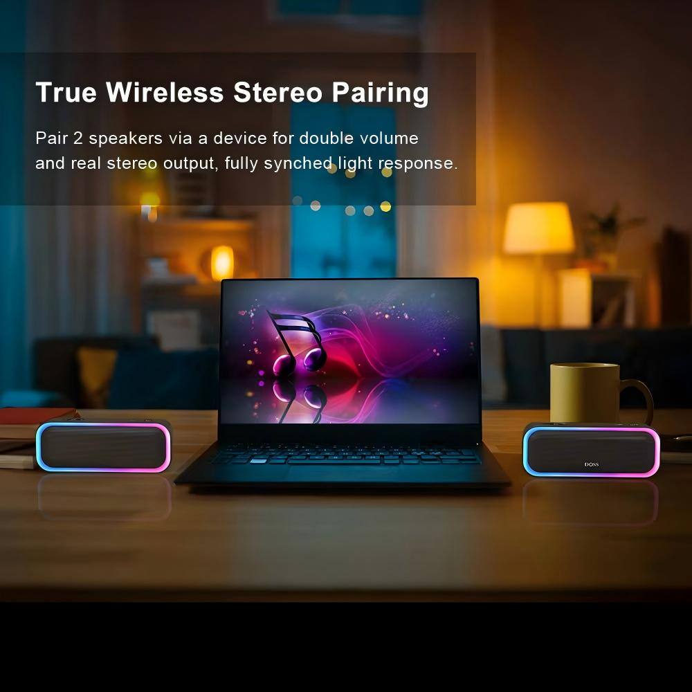 True Wireless Stereo Pairing

Pair 2 speakers via a device for double volume and real stereo output, fully synched light response.