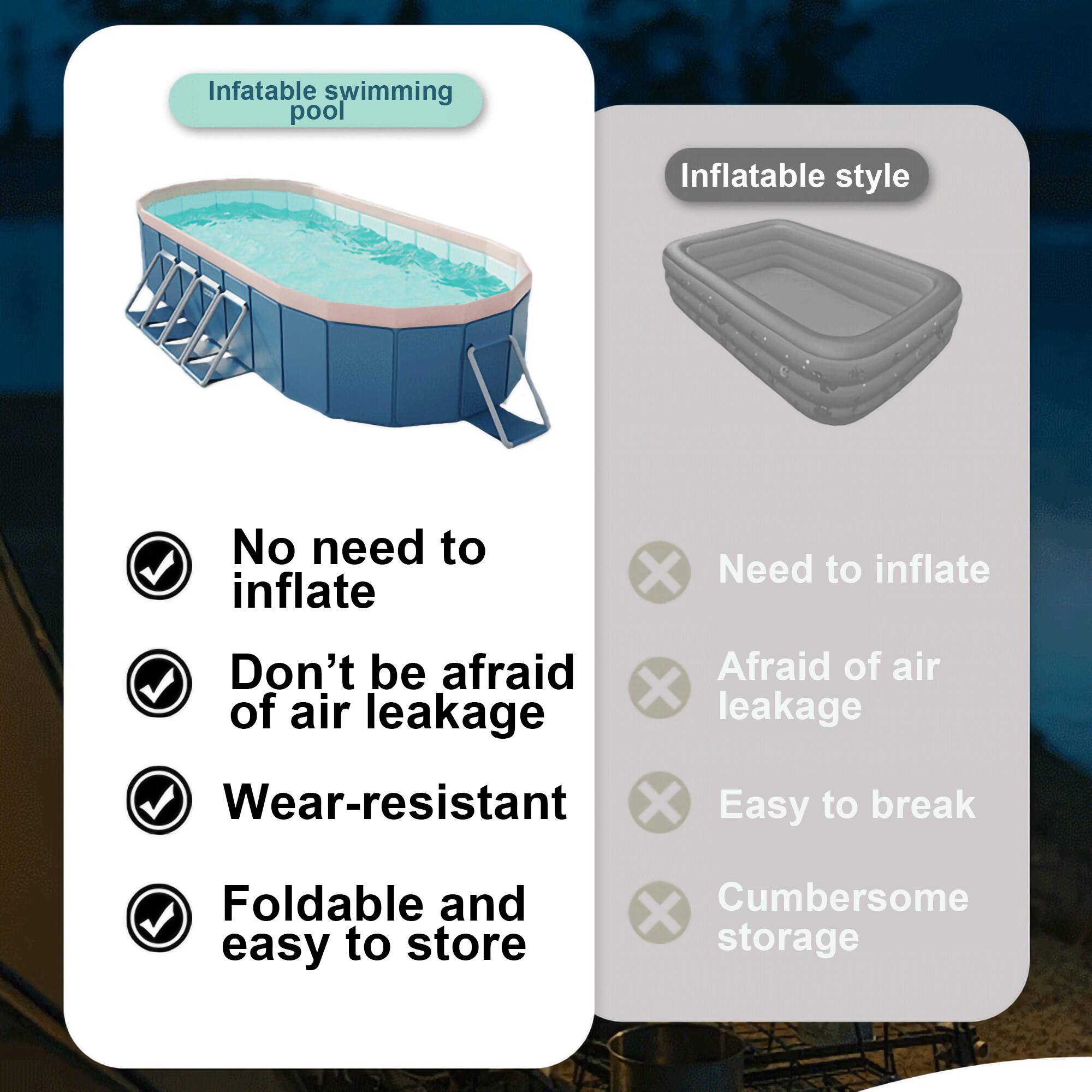 Infatable swimming pool  
- No need to inflate  
- Don't be afraid of air leakage  
- Wear-resistant  
- Foldable and easy to store  

Inflatable style  
- Need to inflate  
- Afraid of air leakage  
- Easy to break  
- Cumbersome storage