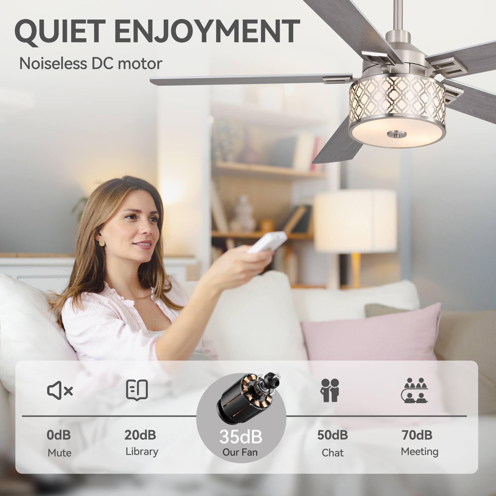 QUIET ENJOYMENT  
Noiseless DC motor  

0dB Mute  
20dB Library  
35dB Our Fan  
50dB Chat  
70dB Meeting