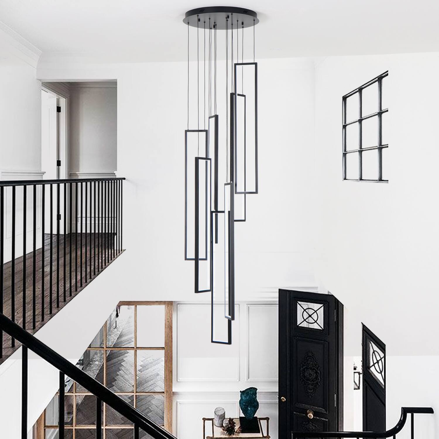 Angle. Umeiluce - 7-Light Modern Chandelier High Ceiling Hallway Stairs Long Hanging Pendant Lighting - Matte Black.