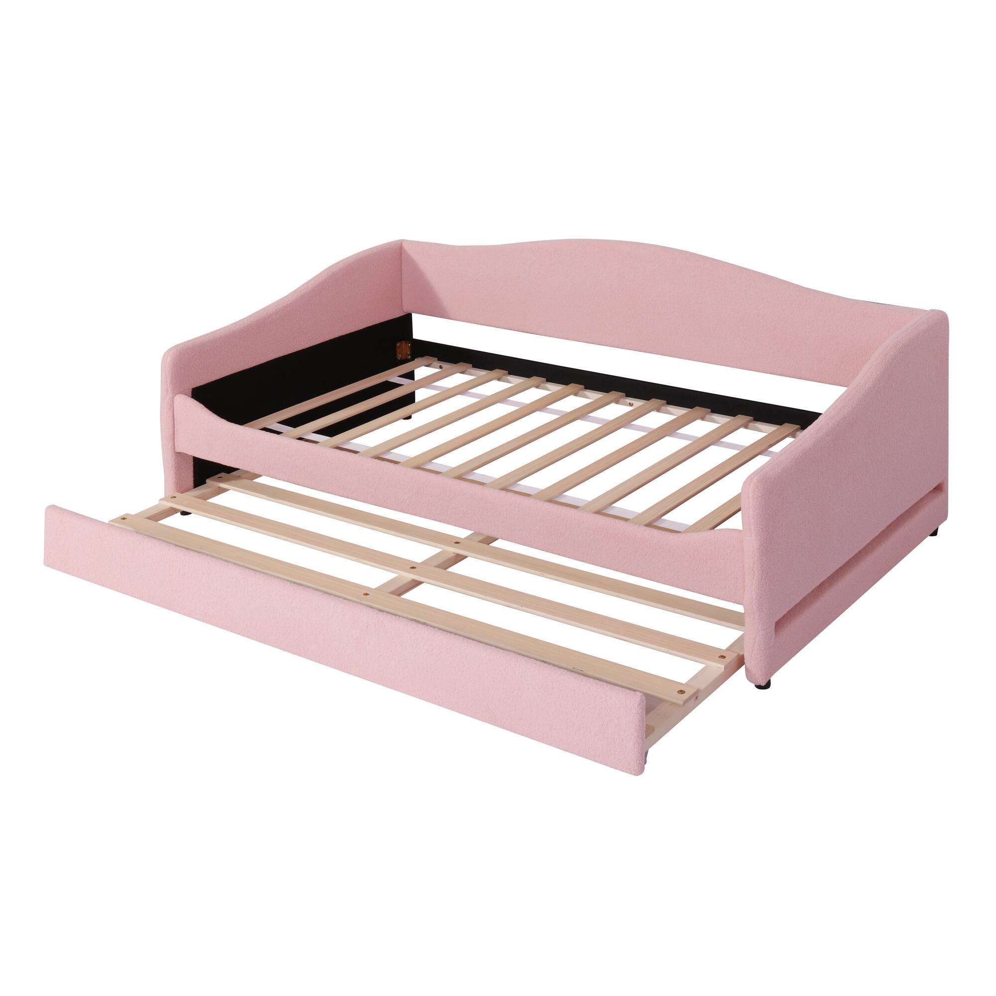 Alt View 1. Tiramisubest - Teddy Fleece Twin Size Upholstered Daybed with Light and Trundle, Pink - Pink.