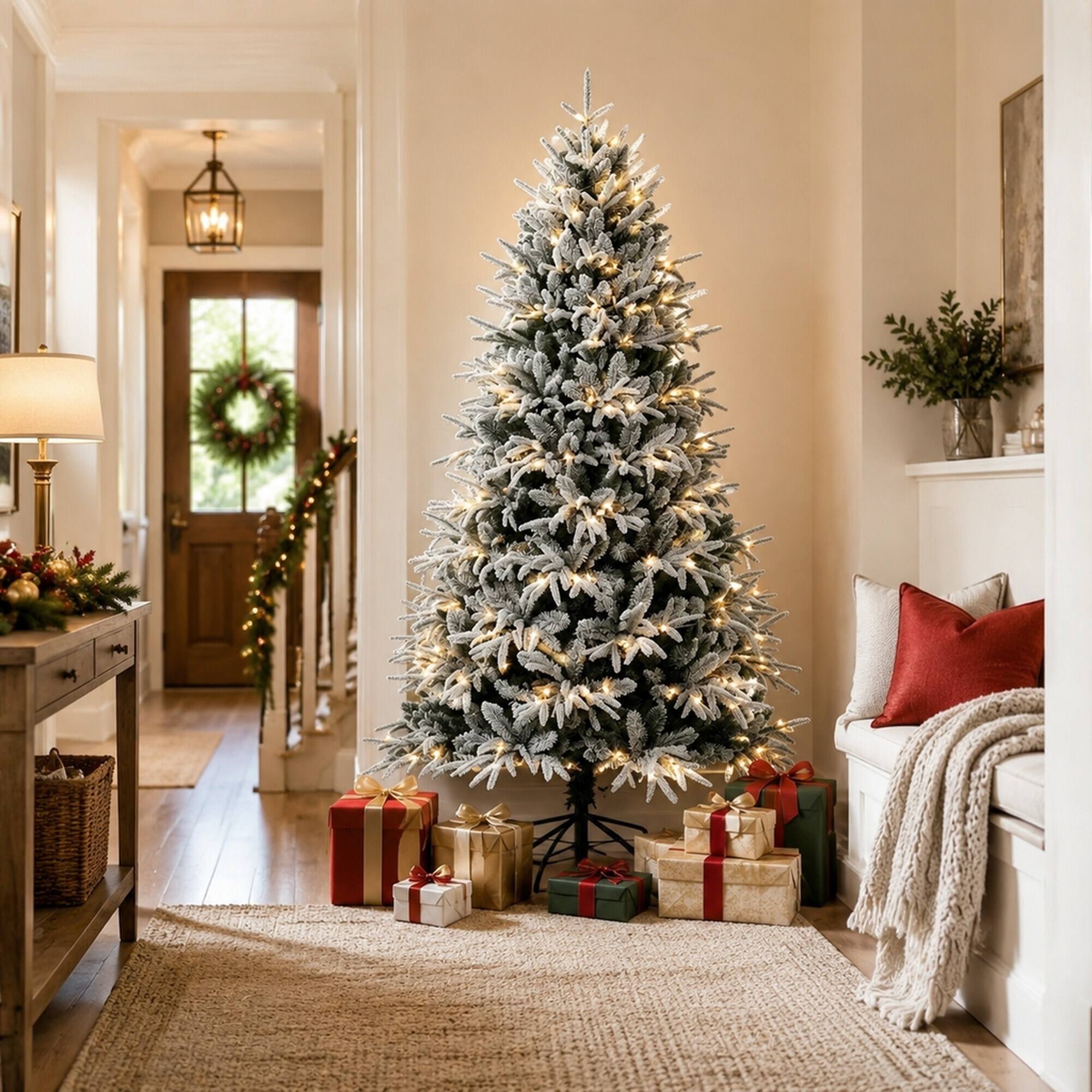 Alt View 1. RYHNUYNE - Pre-Lit Flocked Artificial Christmas Tree With Snow-Dusted Realistic Tips and Easy Setup - White+Green.