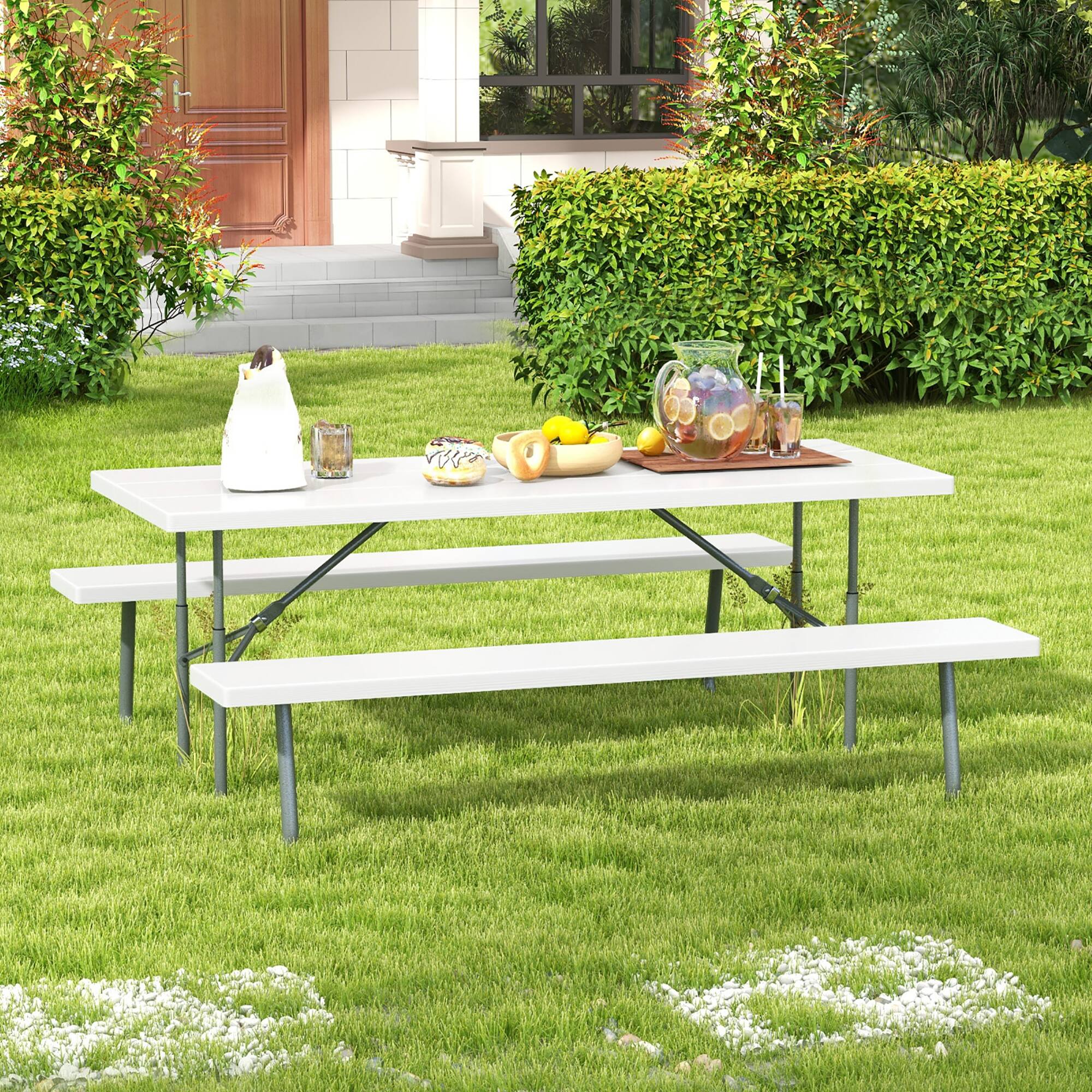 Alt View 1. Gymax - Gymax Folding Picnic Table w/ 2 Benches 6 FT Camping Table Set w/ All-Weather HDPE Tabletop White - White.