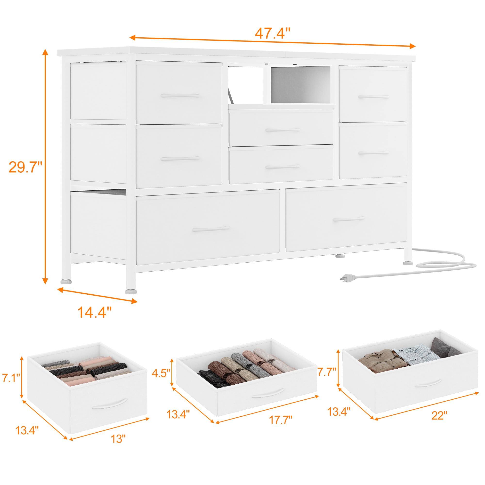 47.4" (width)  
29.7" (height)  
14.4" (depth)  

7.1" (height of drawer)  
4.5" (depth of drawer)  
13.4" (width of drawer)  
13" (width of drawer)  

17.7" (width of drawer)  
7.7" (depth of drawer)  
22" (width of drawer)
