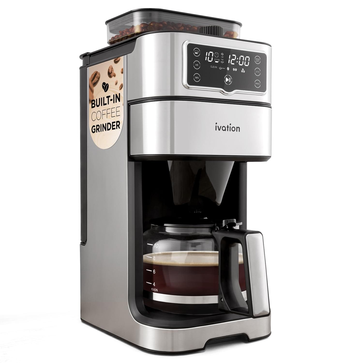 Ivation - 2-in-1 Drip Coffee Maker & Grinder – 10 Cup, Auto Brew, Timer, 1.5L Tank, Reusable Filter - Gray