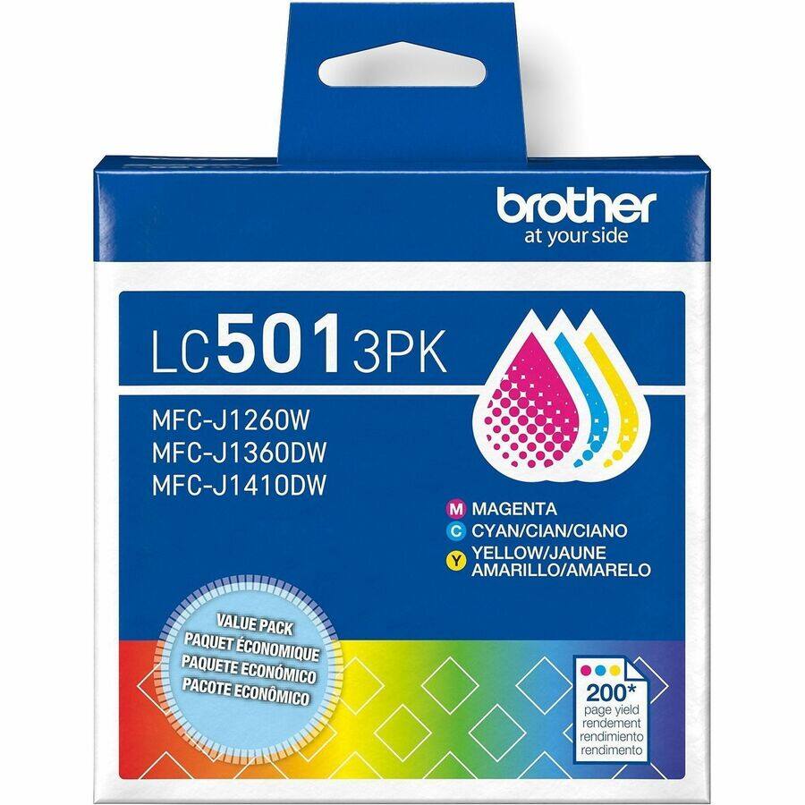 brother at your side  
LC 501 3PK  
MFC-J1260W MFC-J1360DW MFC-J1410DW  
M MAGENTA  
C CYAN/CIAN/CIANO  
Y YELLOW/JAUNE AMARILLO/AMARELO  
VALUE PACK  
PAQUET ÉCONOMIQUE  
PAQUETE ECONÓMICO  
PACOTE ECONÓMICO  
200* page yield  
rendement  
rendimiento  
rendimento