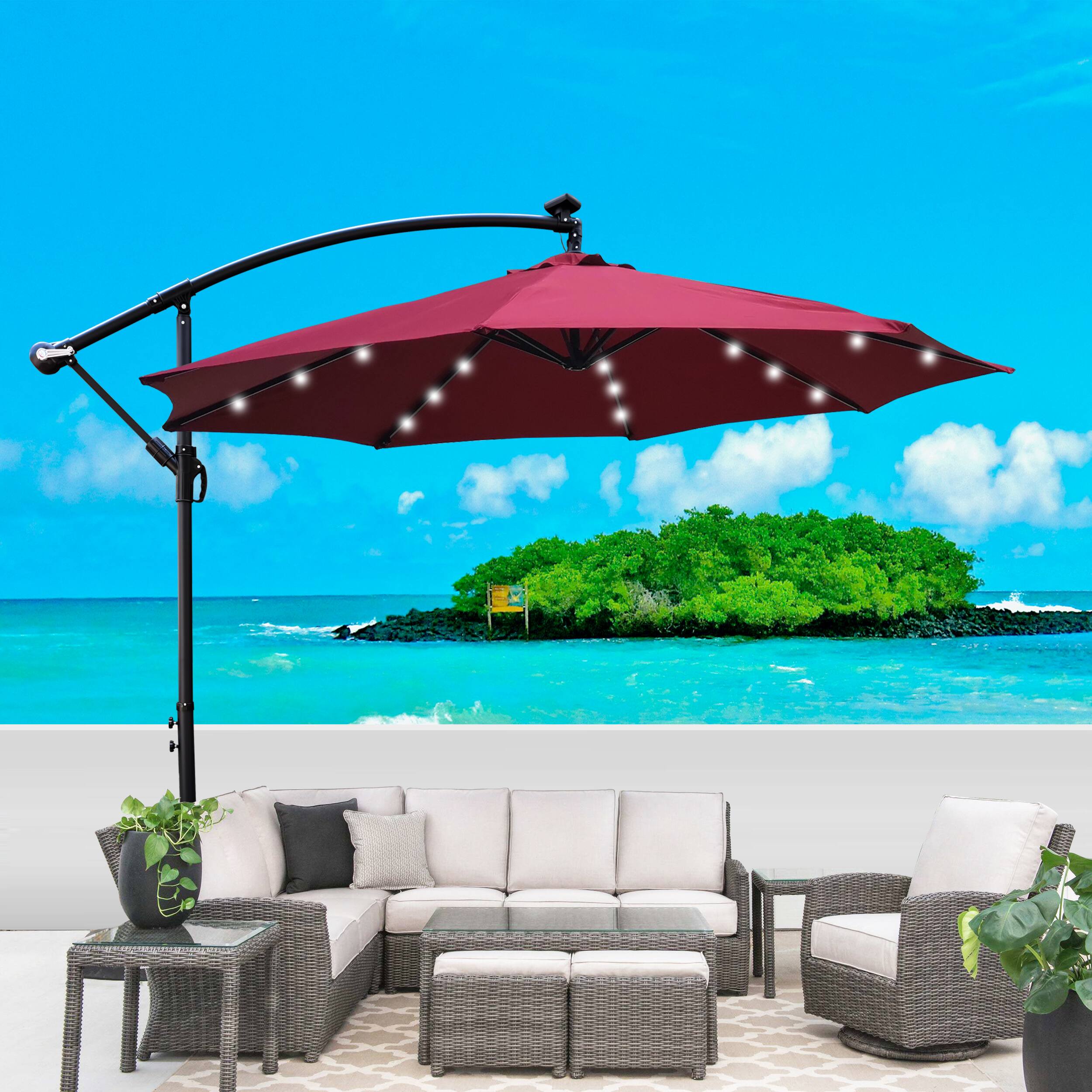 Alt View 1. Ecooso - 10 ft Outdoor Patio Umbrella Solar Powered LED Lighted， 8 Ribs Umbrella with Crank and Cross Base，Garden Deck Backyard - Burgundy.