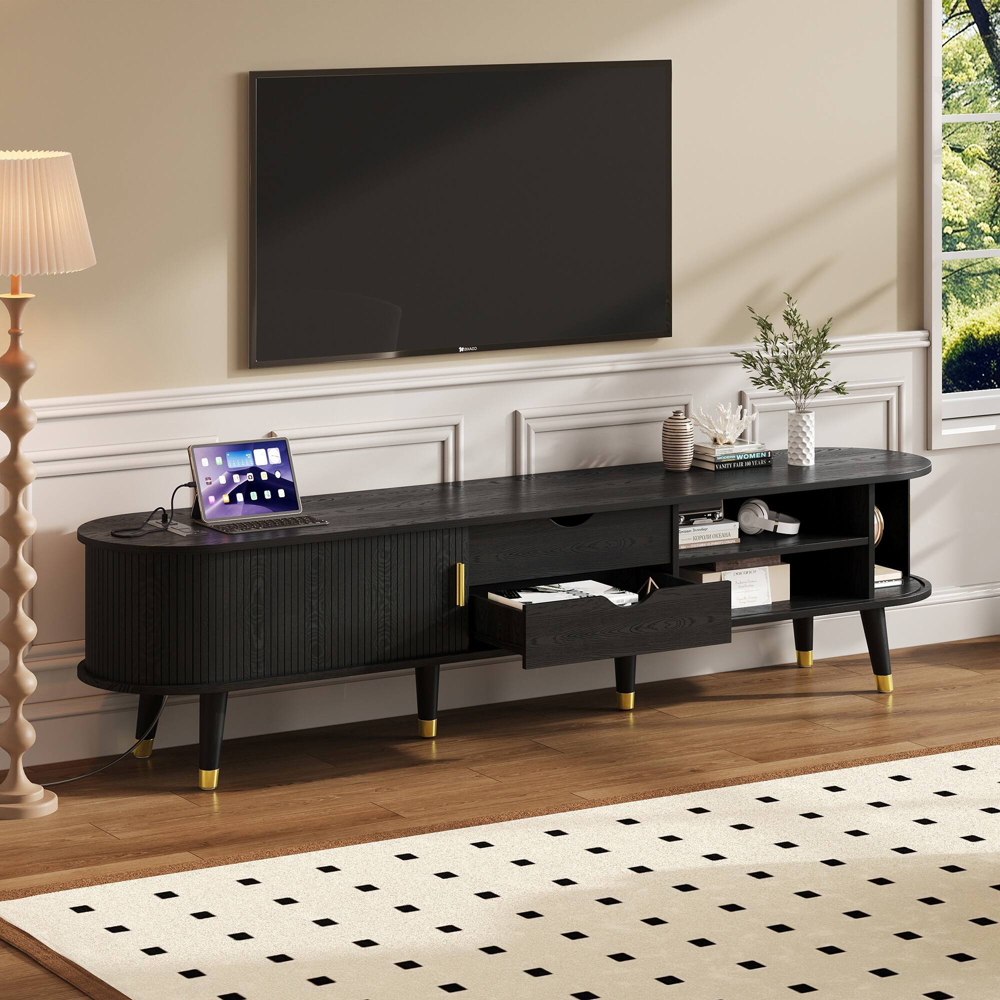 Spaco - Mid Century Modern TV Stand, Media Console with Charging Station, Sliding Tambour Door for 80 Inch TVs - Black