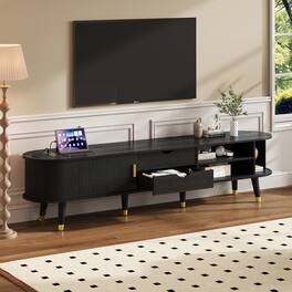 Spaco - Mid Century Modern TV Stand, Media Console with Charging Station, Sliding Tambour Door for 80 Inch TVs - Black