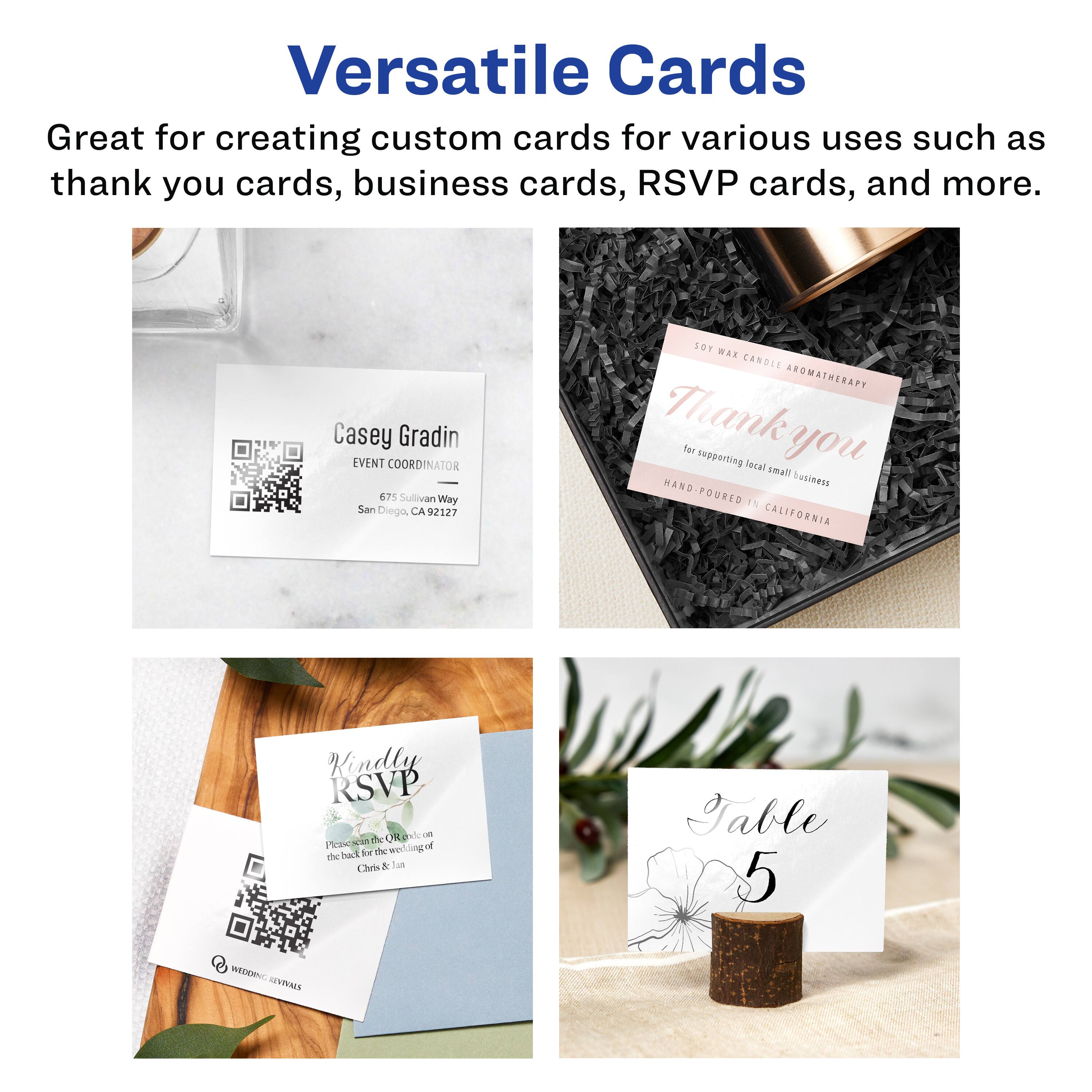 Versatile Cards  
Great for creating custom cards for various uses such as thank you cards, business cards, RSVP cards, and more.  

Casey Gradin  
EVENT COORDINATOR  
675 Sullivan Way  
San Diego, CA 92127  

SOT ... CANDLE AROMATHERAPY  
Thank you for supporting local small business  
HAND-POURED IN CALIFORNIA  

Kindly RSVP  
Organic - ain de weel.ling of hait de the hee Caris  
Jas Table 5  

WEDDING RSVP