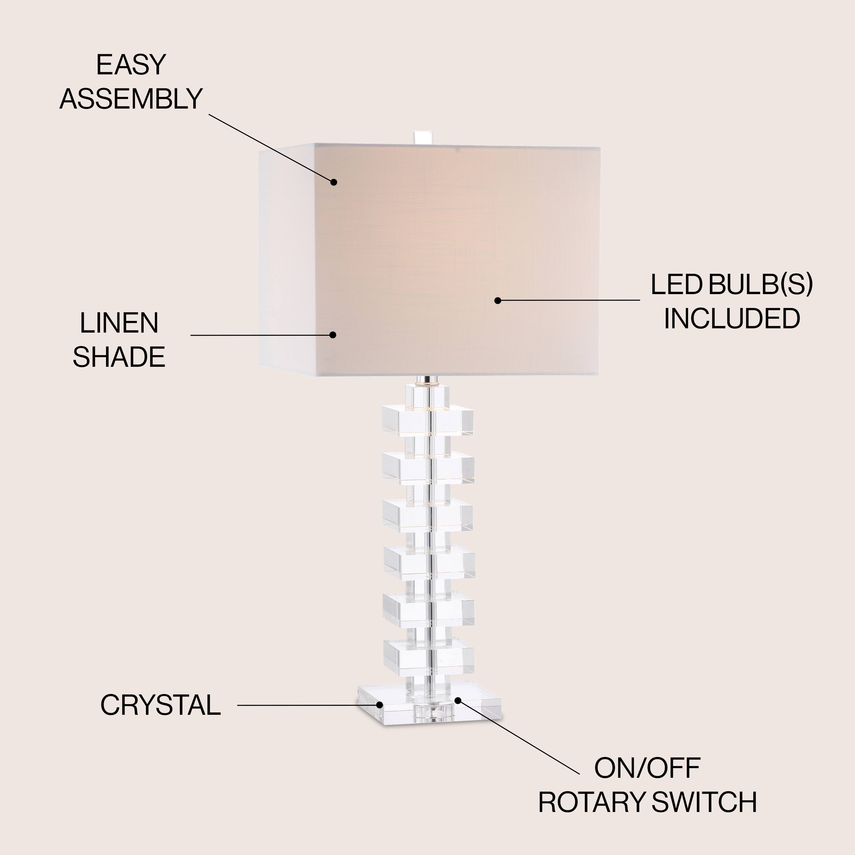- Easy Assembly
- Linen Shade
- LED Bulb(s) Included
- Crystal
- On/Off Rotary Switch