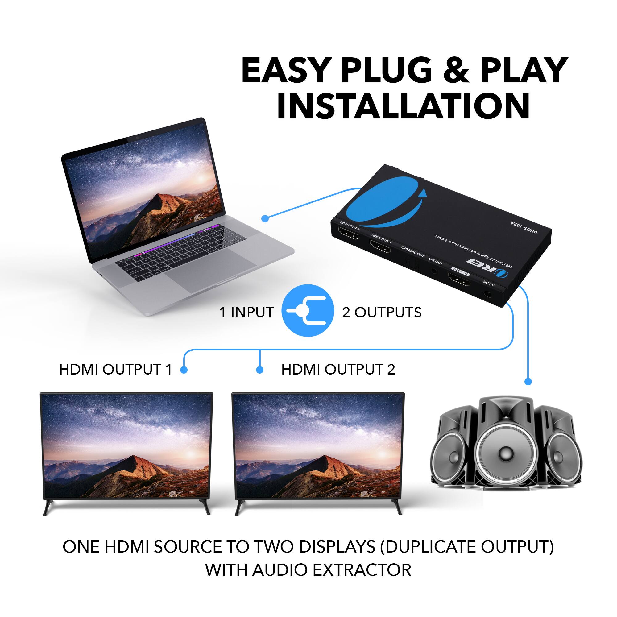 EASY PLUG & PLAY INSTALLATION

1 INPUT
2 OUTPUTS
HDMI OUTPUT 1
HDMI OUTPUT 2
ONE HDMI SOURCE TO TWO DISPLAYS (DUPLICATE OUTPUT) WITH AUDIO EXTRACTOR