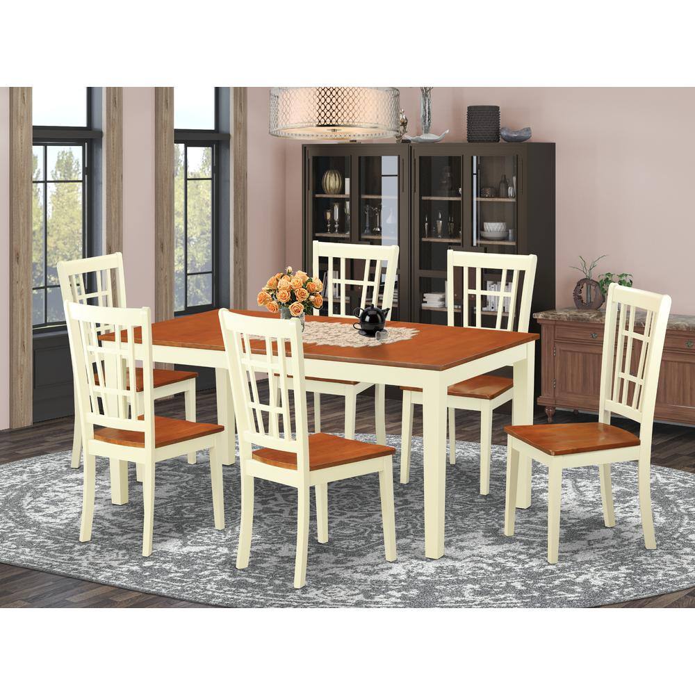 Back. East West Furniture - 7 Pc Dining room set-Dining Table with Leaf and 6 Kitchen Dining Chairs - Buttermilk & Cherry.