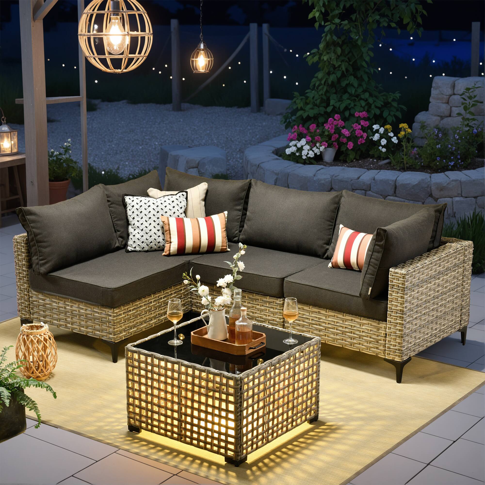 Ovios - 5 PCS Sectional Patio Furniture Set Outdoor Rattan Comfy Sofa with Coffee Table for Garden - Black