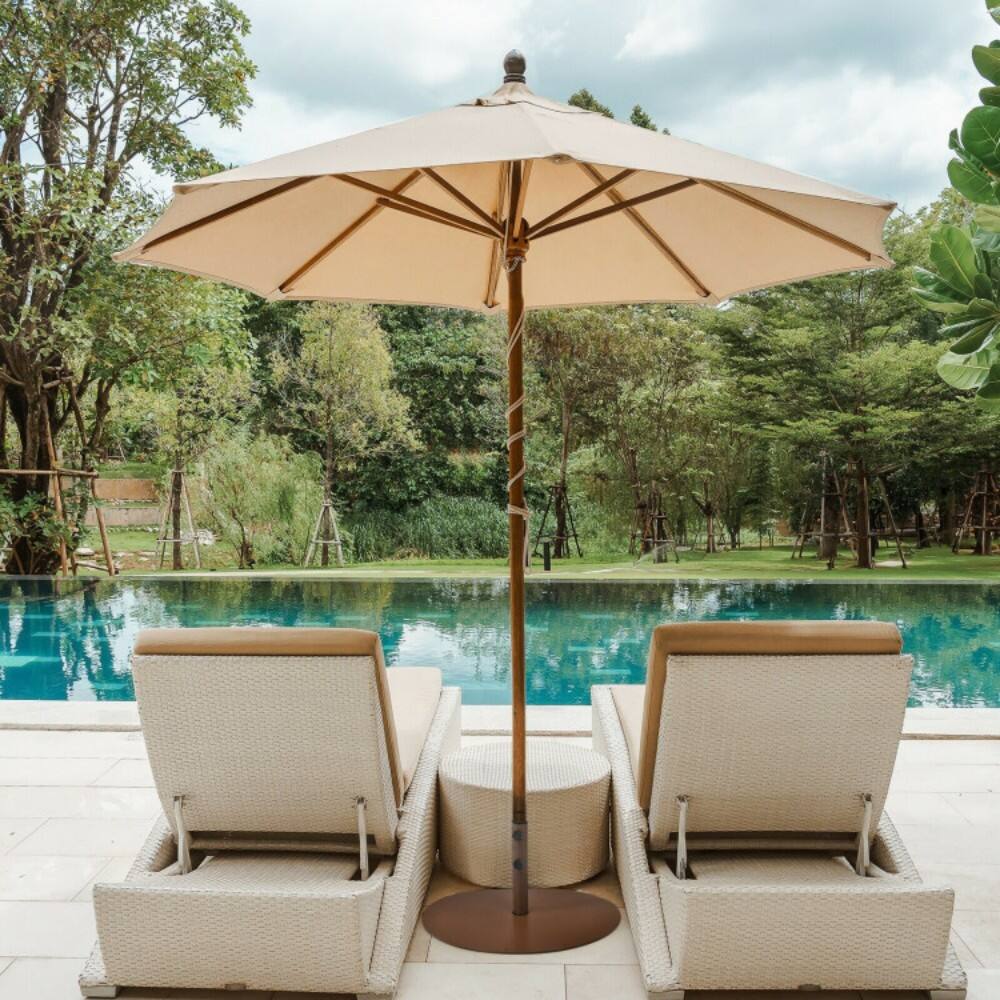 Left. Mondawe - 29.5 Inch Outdoor Steel Umbrella Base Stand for Backyard and Poolside - Brown.