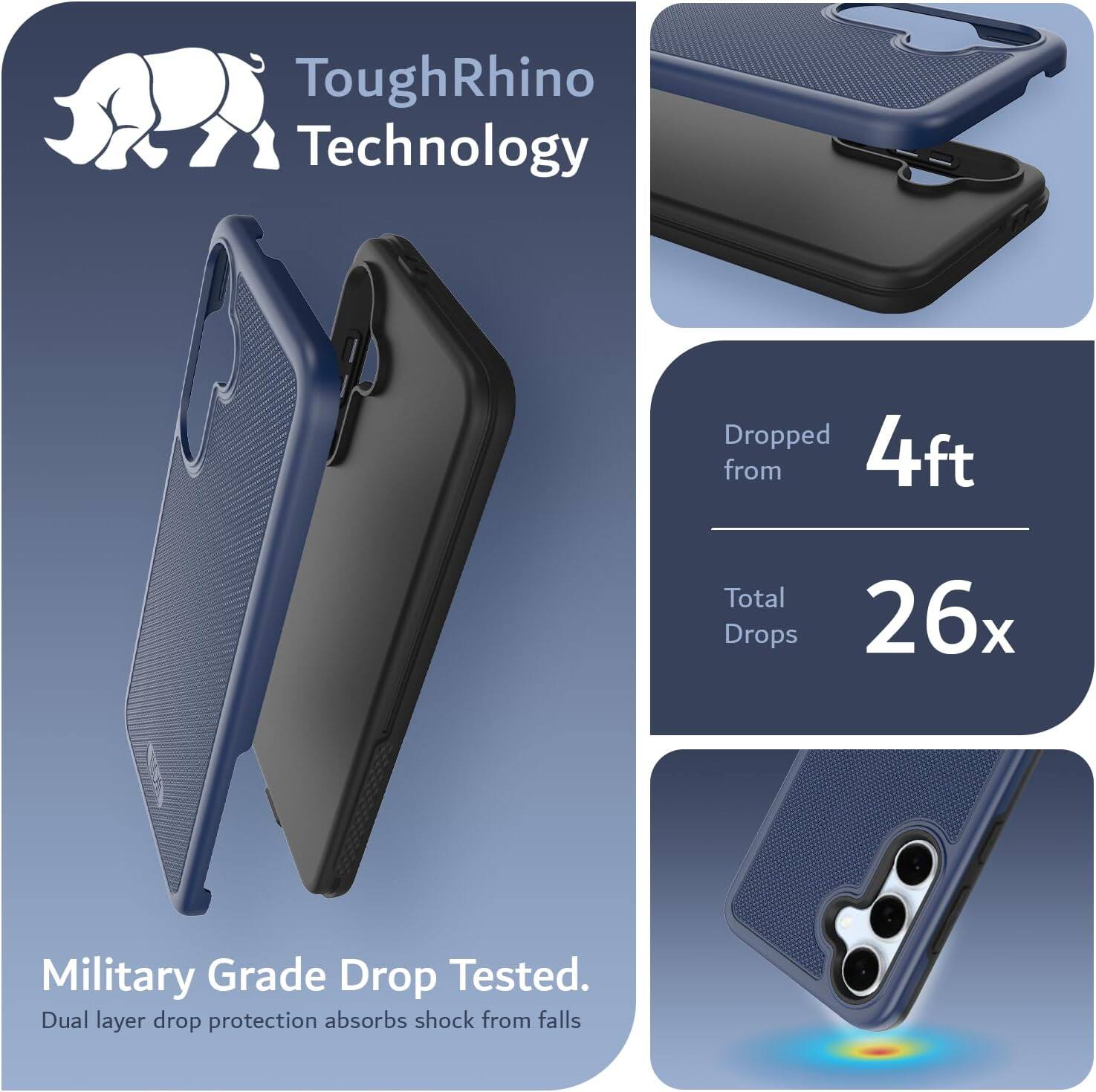 ToughRhino Technology

Dropped from 4ft  
Total Drops 26x

Military Grade Drop Tested.  
Dual layer drop protection absorbs shock from falls