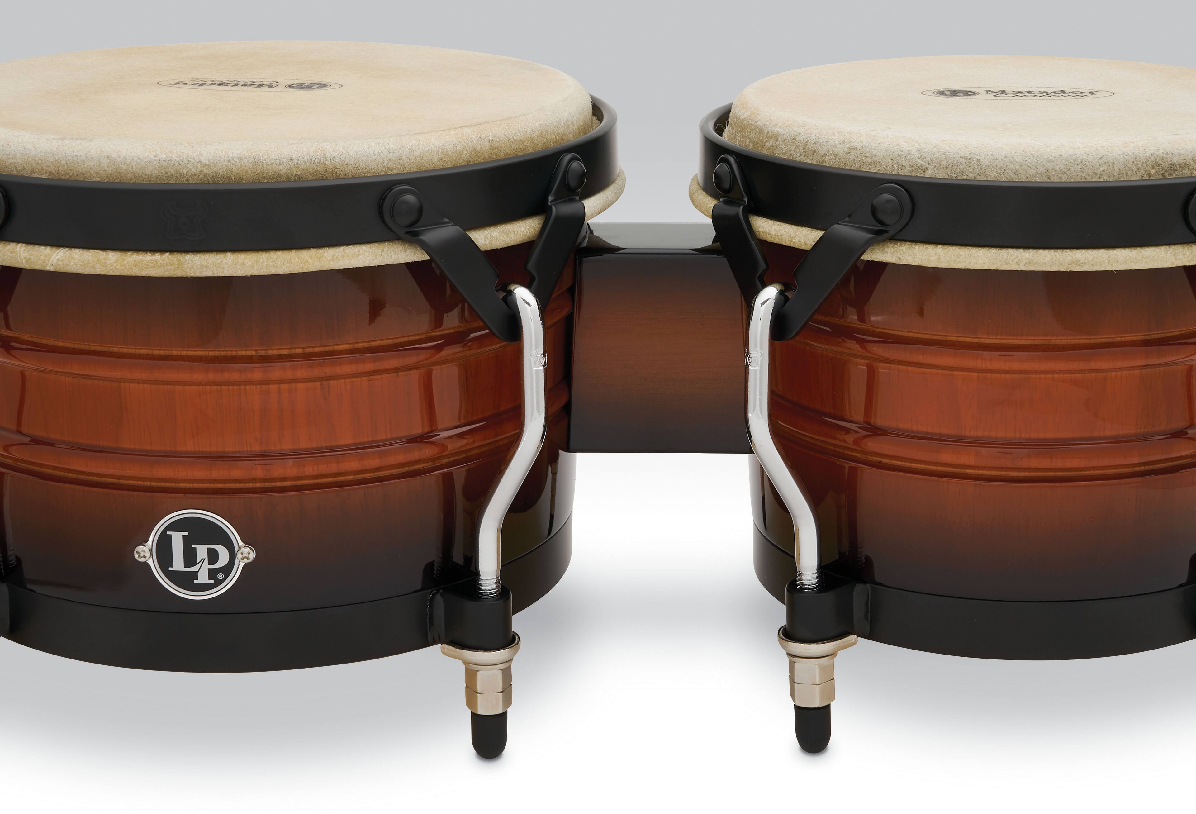 Angle. Latin Percussion - 7.25 and 8.625 Inch Bongo Drums Vintage Sunburst Black Finish.