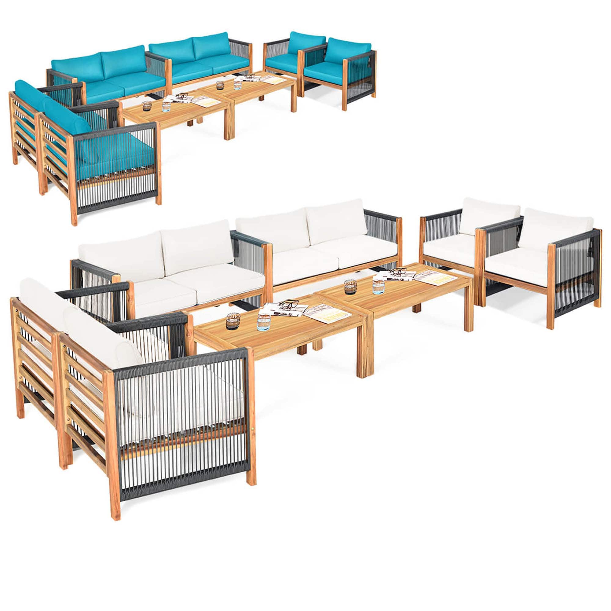 Gymax - Set Of 8 Wood Outdoor Patio Furniture Set w/Cushions White Turquoise Cushion Cover Sets - White, Turquoise price history on PriceWatchPro