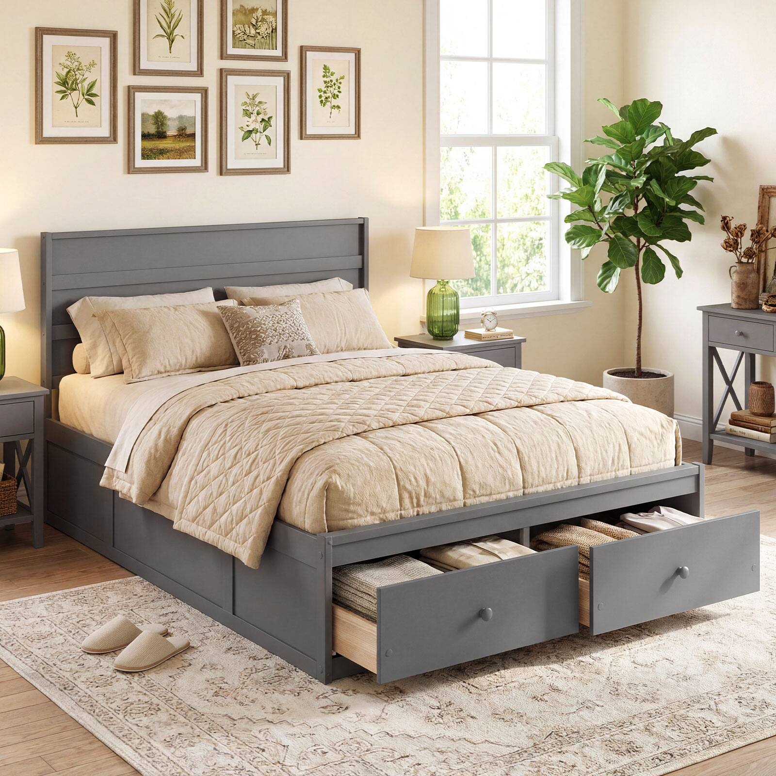 Alt View 1. Gymax - Gymax Full Size Bed Frame w/Storage Drawers Headboard Wooden Slat Support Gray - Grey.