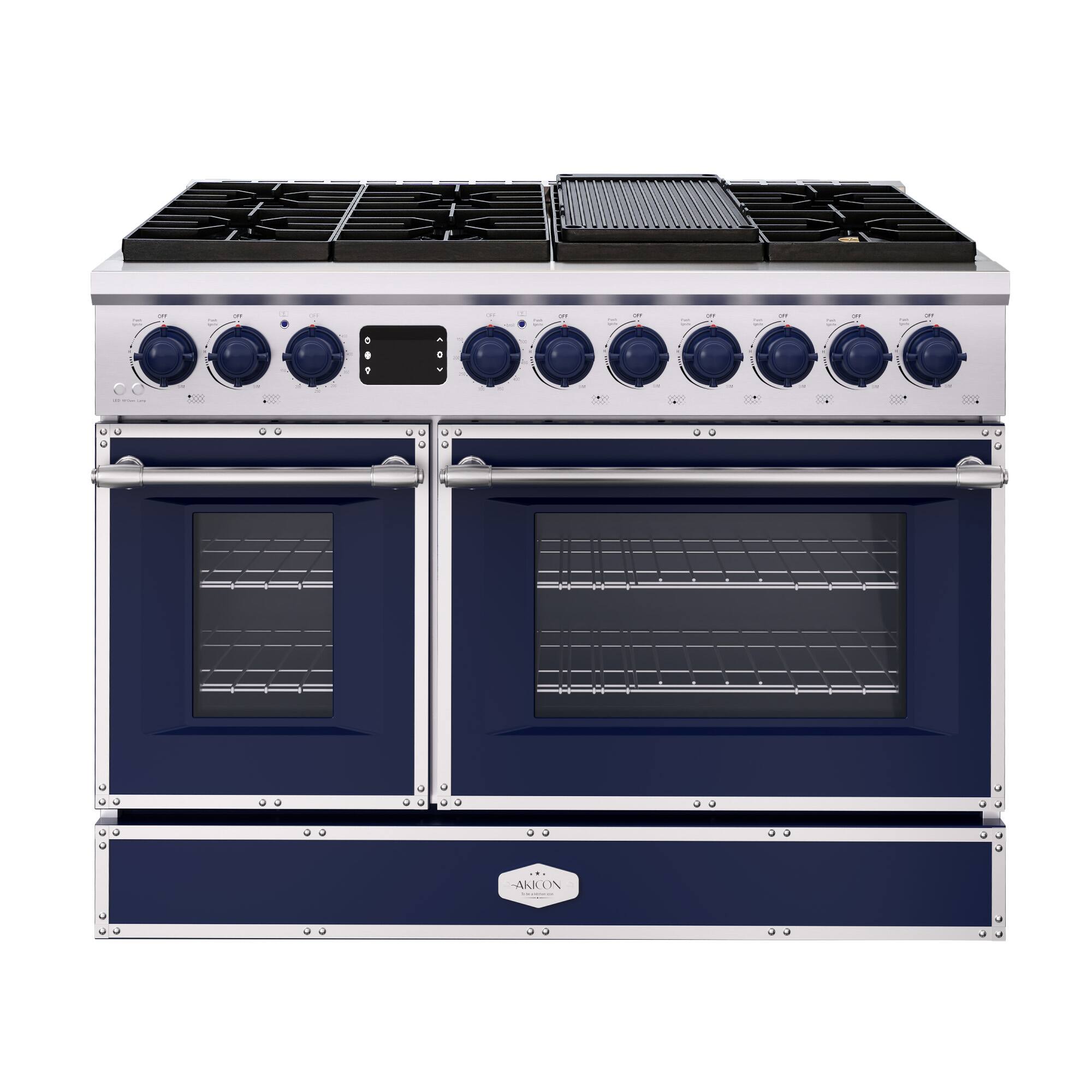 Angle. Akicon - Akicon 6.7 Cu.ft Freestanding Gas Rapid Convection Range with 8 Sealed Burners and Cast Iron Grates in Cobalt Blue - Cobalt Blue.