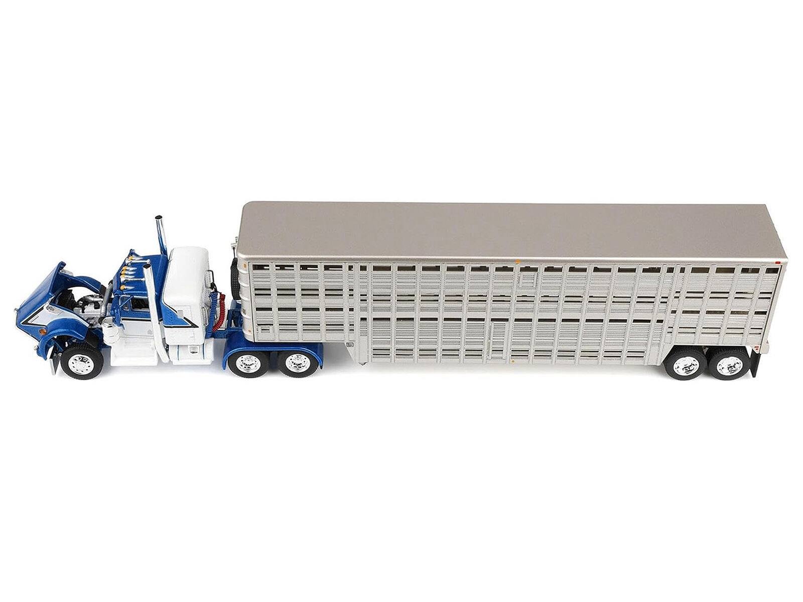 Alt View 2. First Gear - Kenworth W900A with 36" Sleeper and 45' Wilson Livestock Trailer Blue & White with Trailer 1/64 Model by DCP/First Gear.