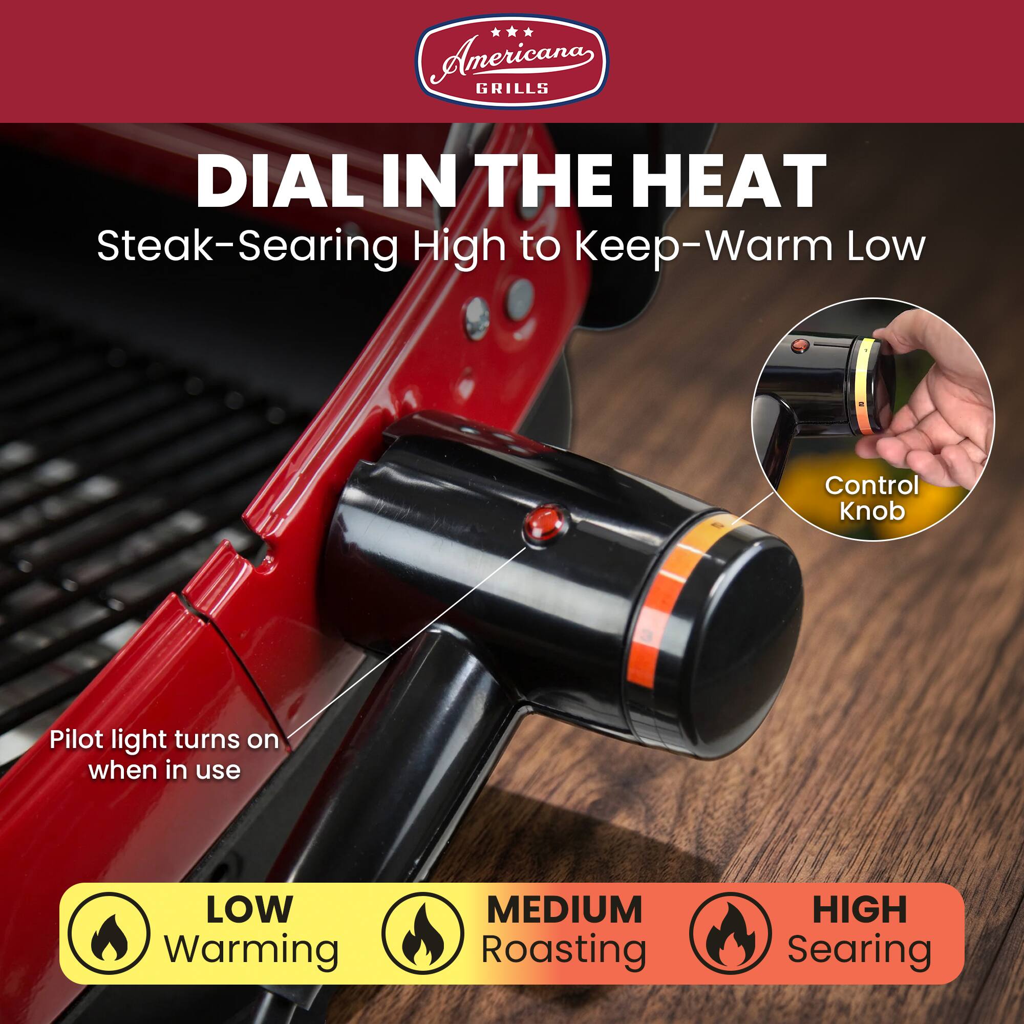 Anericana GRILLS DIAL IN THE HEAT Steak-Searing High to Keep-Warm Low

Control Knob

Pilot light turns on when in use

LOW Warming

MEDIUM Roasting

HIGH Searing