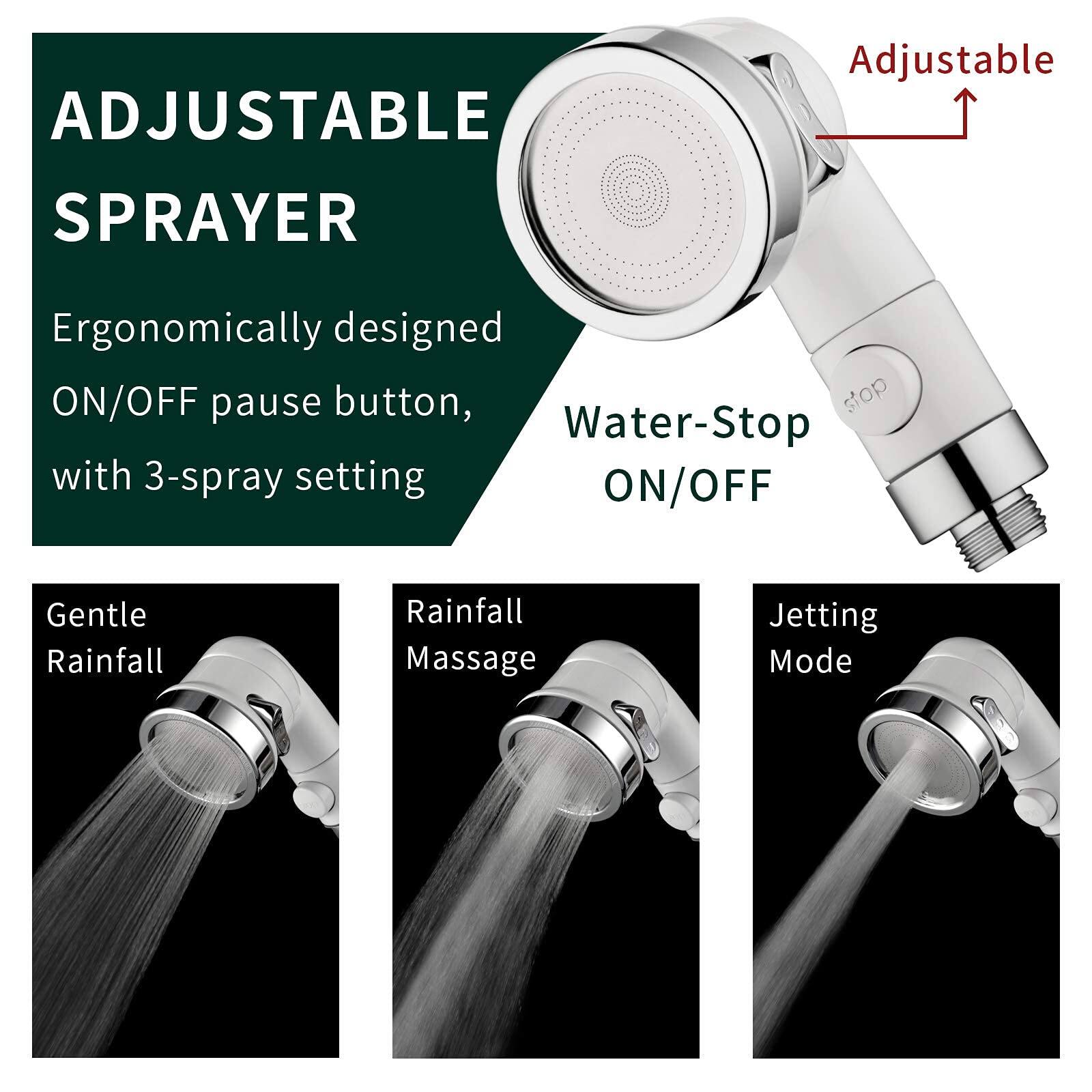 ADJUSTABLE SPRAYER

Ergonomically designed ON/OFF pause button, with 3-spray setting

Water-Stop ON/OFF

Gentle Rainfall

Rainfall Massage

Jetting Mode

Adjustable