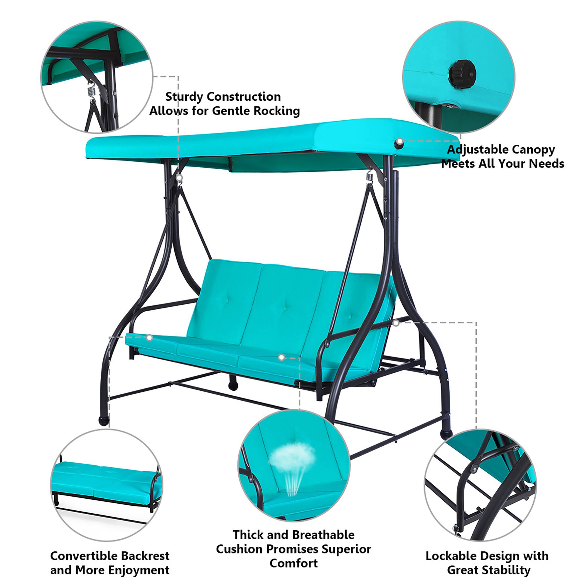 - Sturdy Construction Allows for Gentle Rocking
- Adjustable Canopy Meets All Your Needs
- Convertible Backrest and More Enjoyment
- Thick and Breathable Cushion Promises Superior Comfort
- Lockable Design with Great Stability
