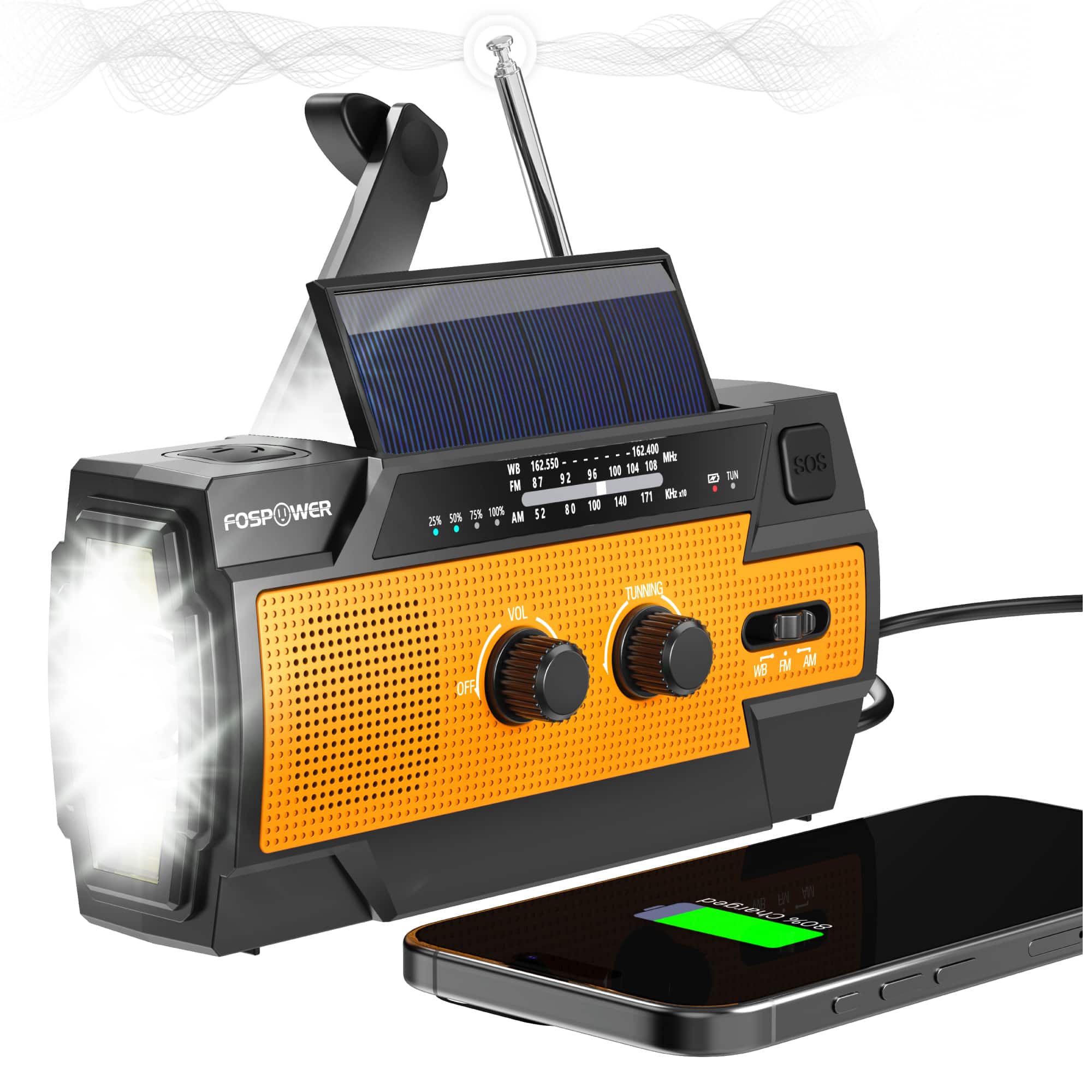 FosPower - Solar Hand Crank Radio for IPX3 Weather Emergency Radio with AM/FM/WB Flashlight, Lamp, SOS Alarm, 4000mAh Power Bank - Orange