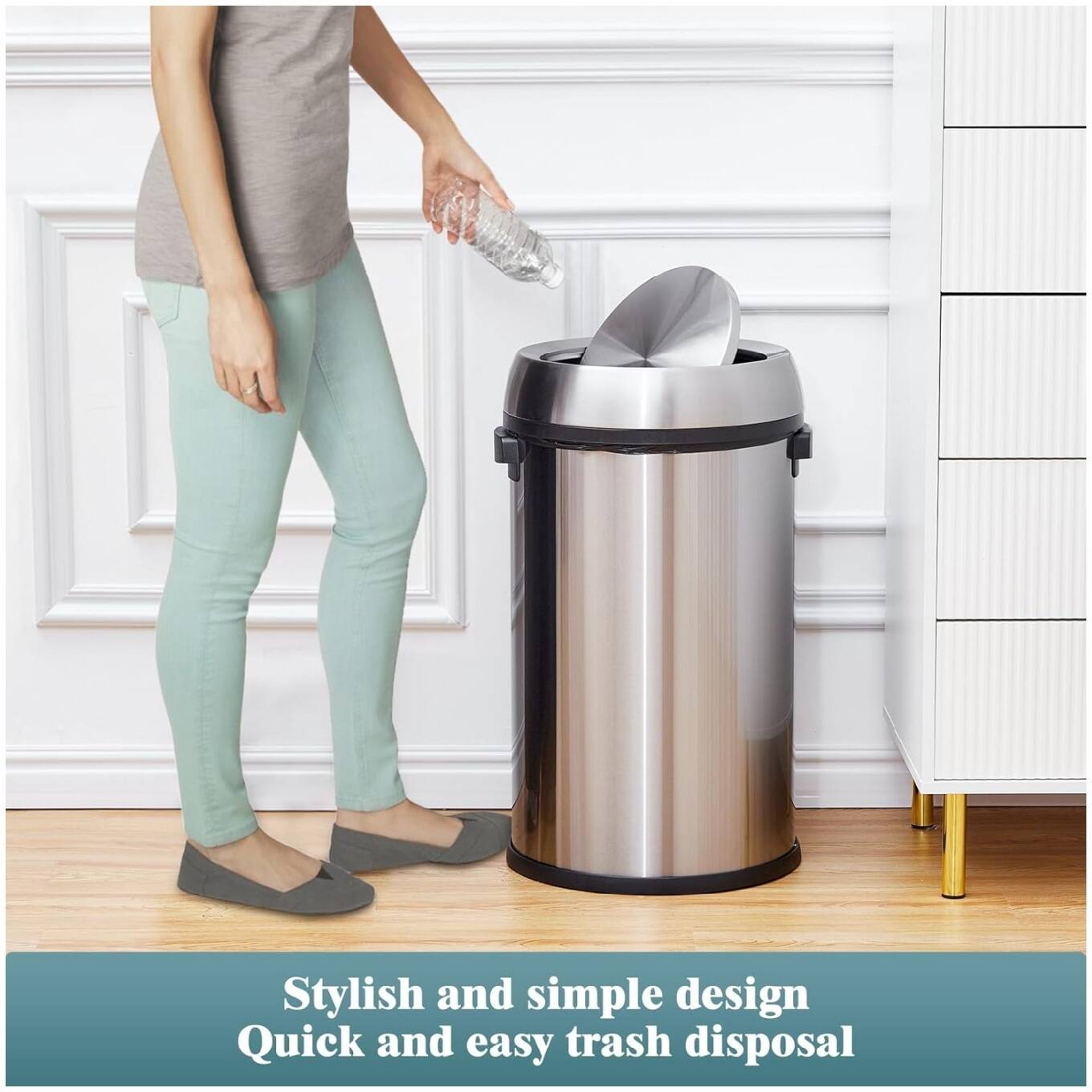 GARVEE 17 Gallon Swing Top Trash Can, 65L Large Stainless Steel Proof ...