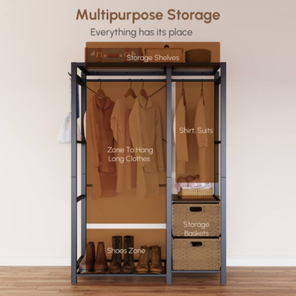 Multipurpose Storage  
Everything has its place  
Storage Shelves  
Shirt, Suits  
Zone To Hang Long Clothes  
Storage Baskets  
Shoes Zone